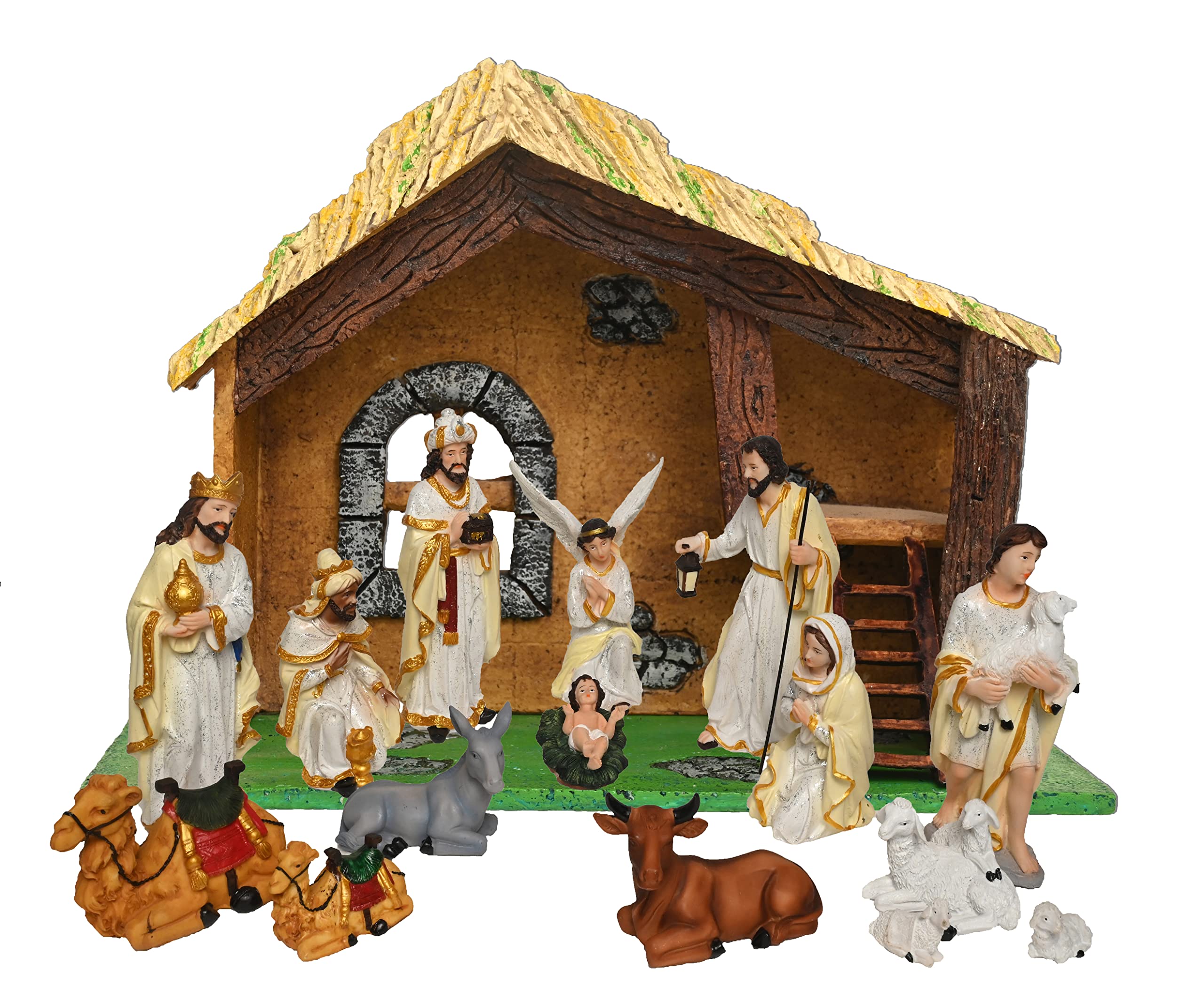 Karighar Resin Crib Set Idol Statue For Christmas Nativity Scene, Pack Of Crib House, Mary, Joseph, Baby Jesus, Angel, 3 Wise Me