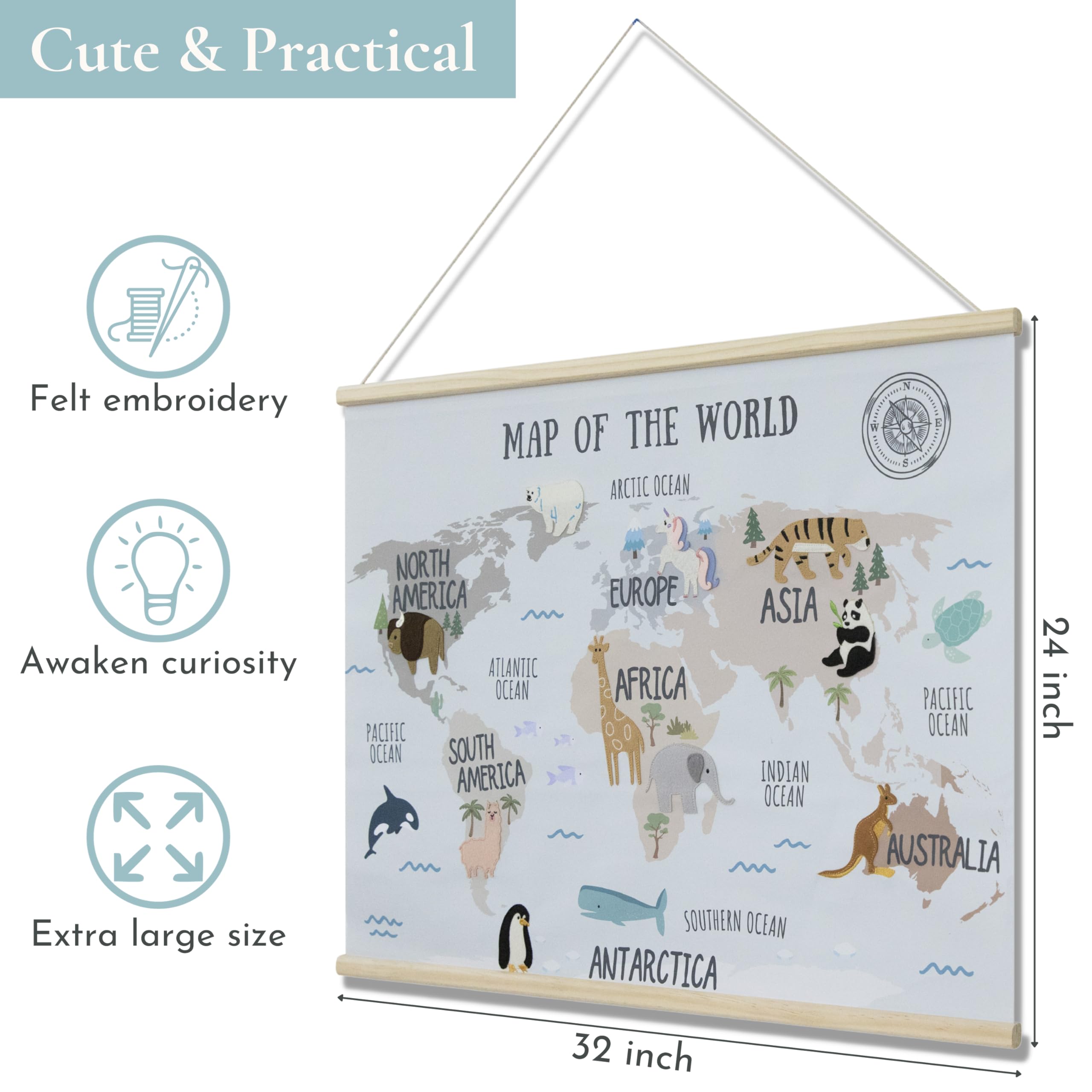 Bon Et Beau 32 X 24 Inch Embroidered World Map Poster For Kids With Wood Hanger - Neutral Wall D  Cor For Boys And Girls Nursery