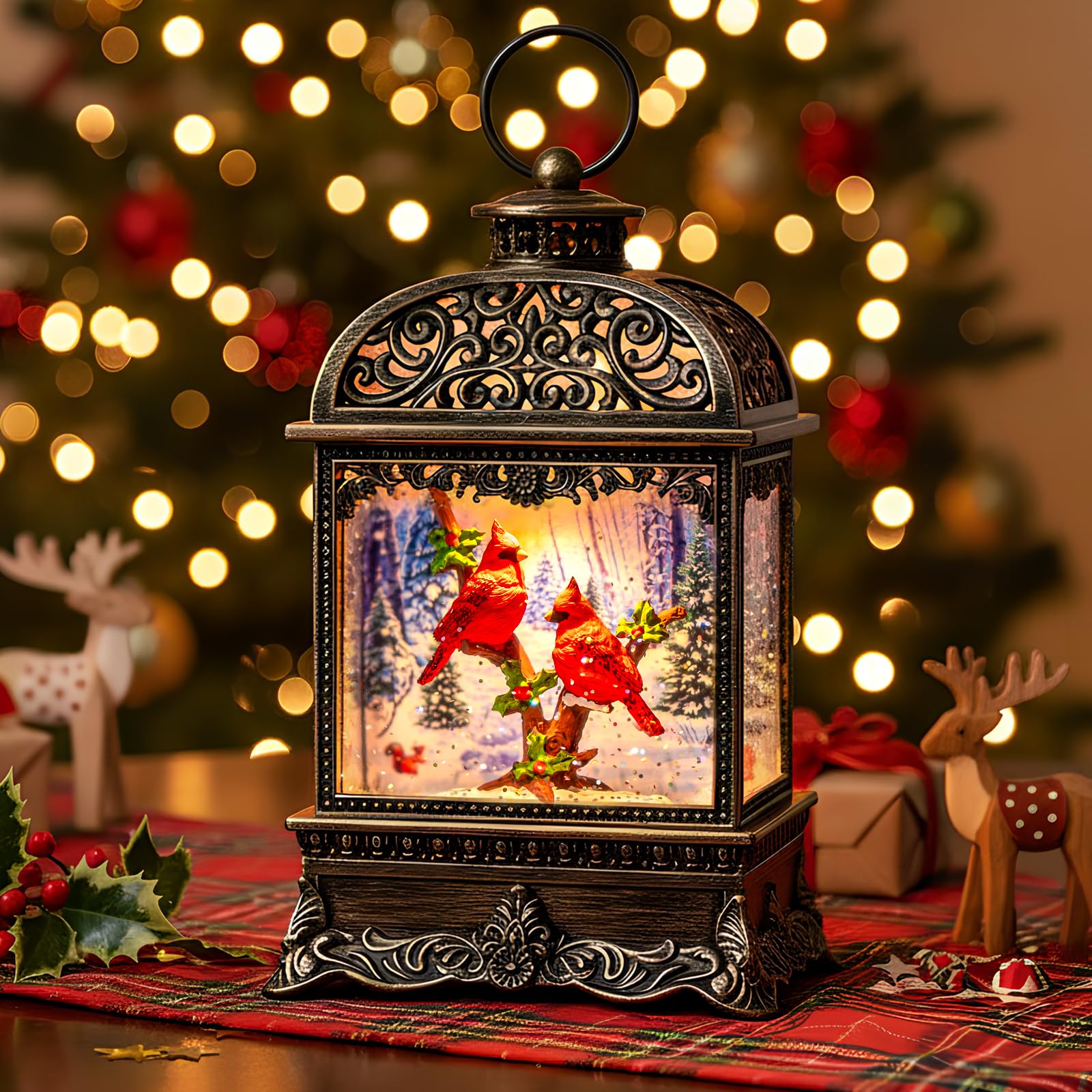 Christmas Snow Globe Water Lantern with Cardinal Scene Battery Operated or USB Powered Musical Lighted Holiday Decoration for Ta