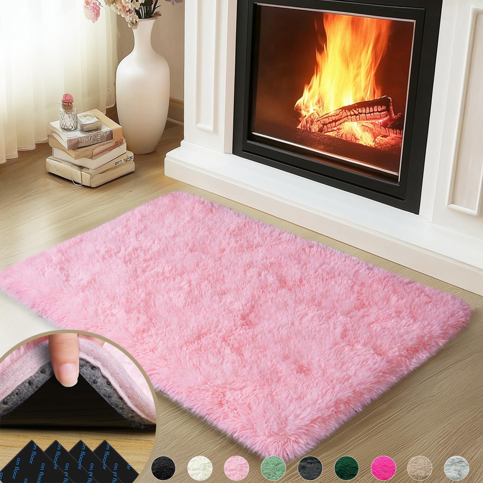 Mugorn Pink Rugs for Bedroom, 2x3 Feet Fluffy Area Rugs for Living Room, Soft Shag Kids Rug Small Carpet with 4 Non-Slip Rug Pad