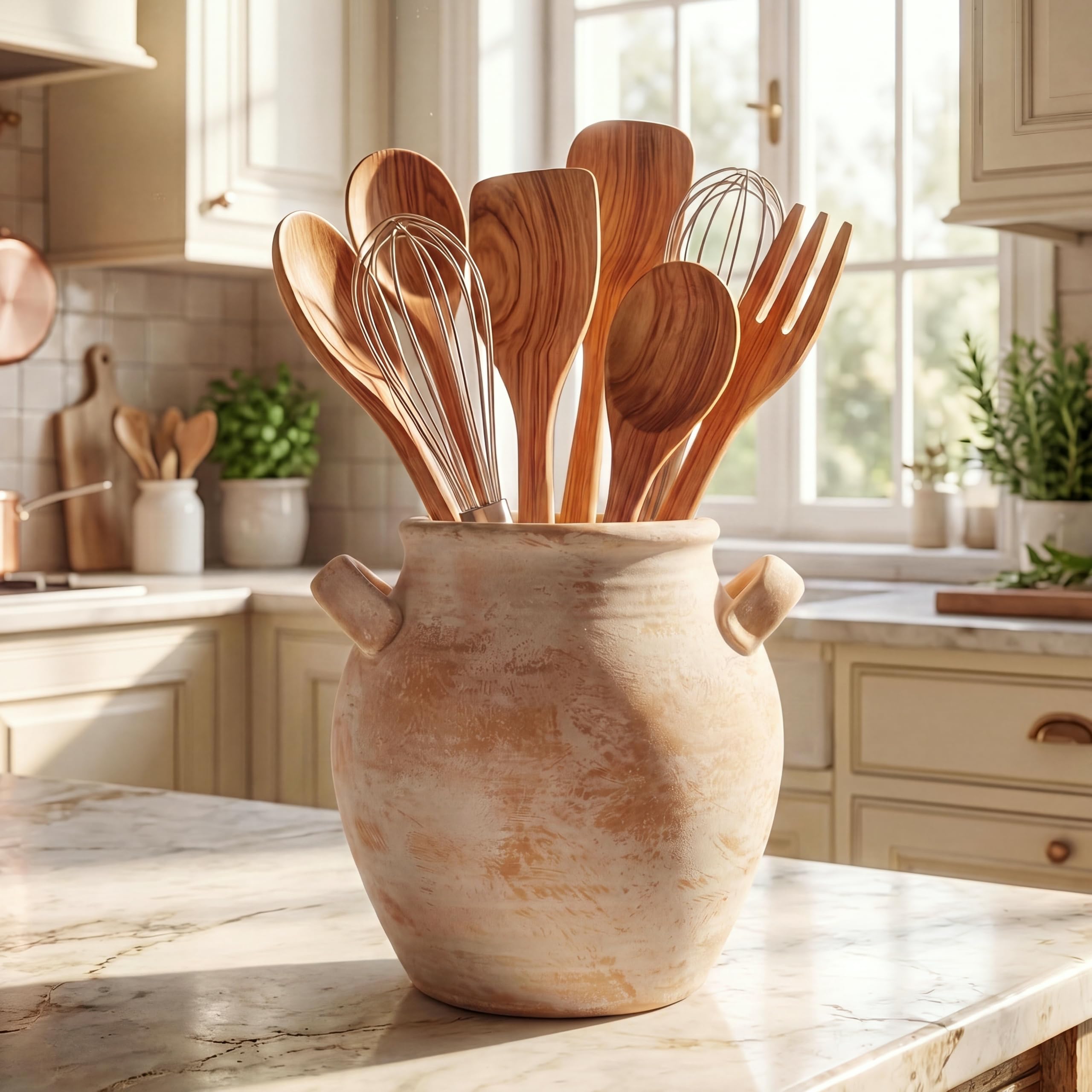 Havawish Rustic Utensil Crock Kitchen Vintage Utensil Holder, Rustic Beige