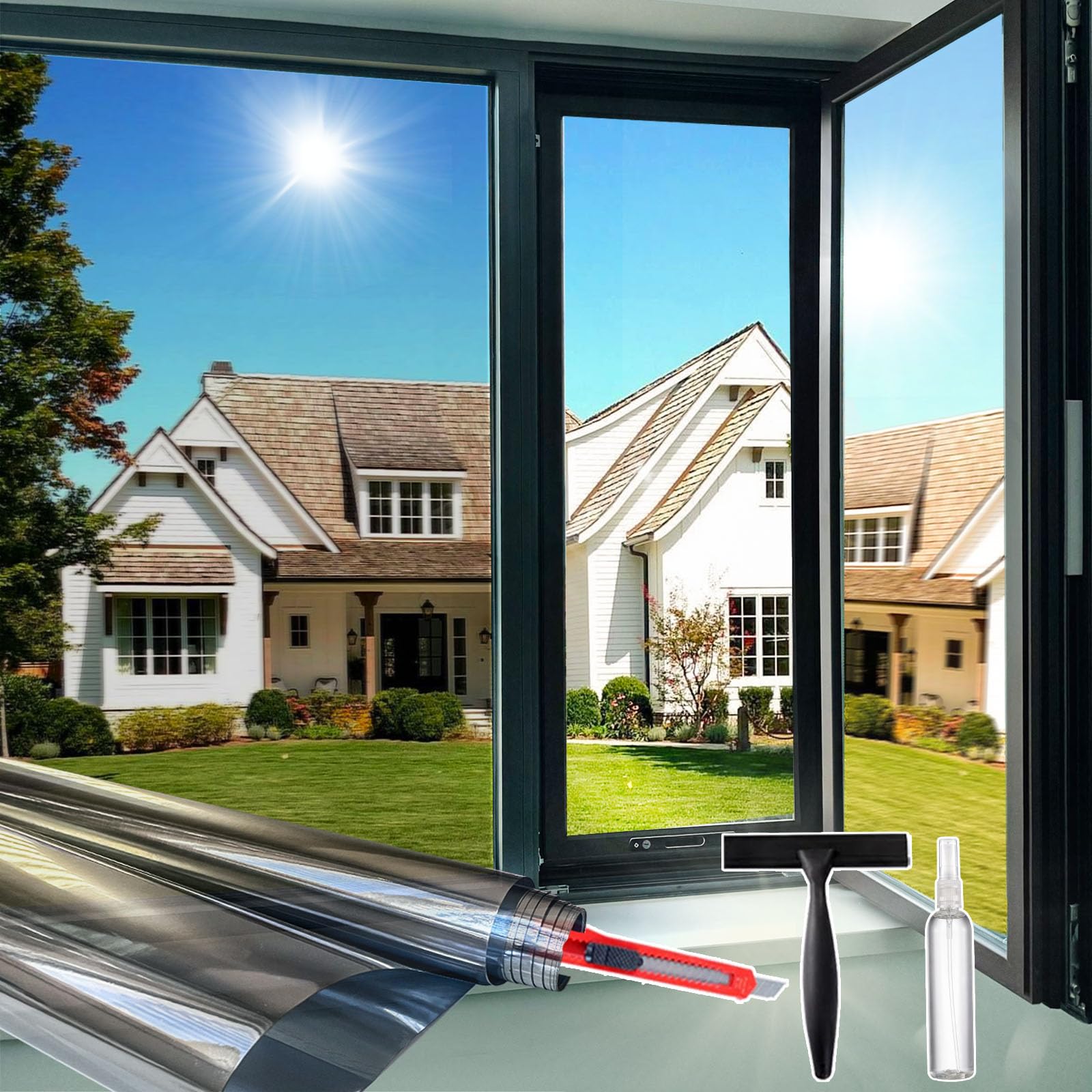 Window Privacy Film One Way Daytime Privacy Static Cling Sun Blocking Anti UV Reflective Window Tint for Home and Office, Natual