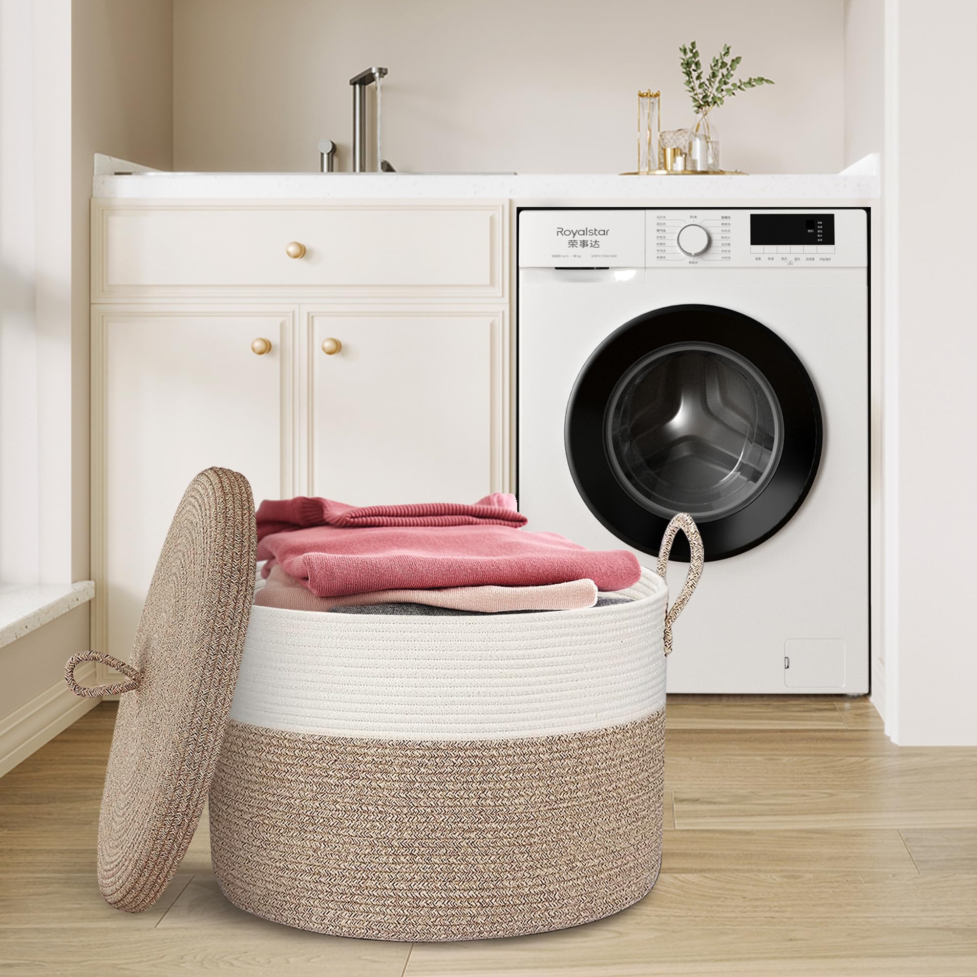 Honcesta 18'' X 14'' Large Storage Basket With Lid, Blanket Basket Living Room, Woven Cotton Rope Baskets For Storage, Kids Toy