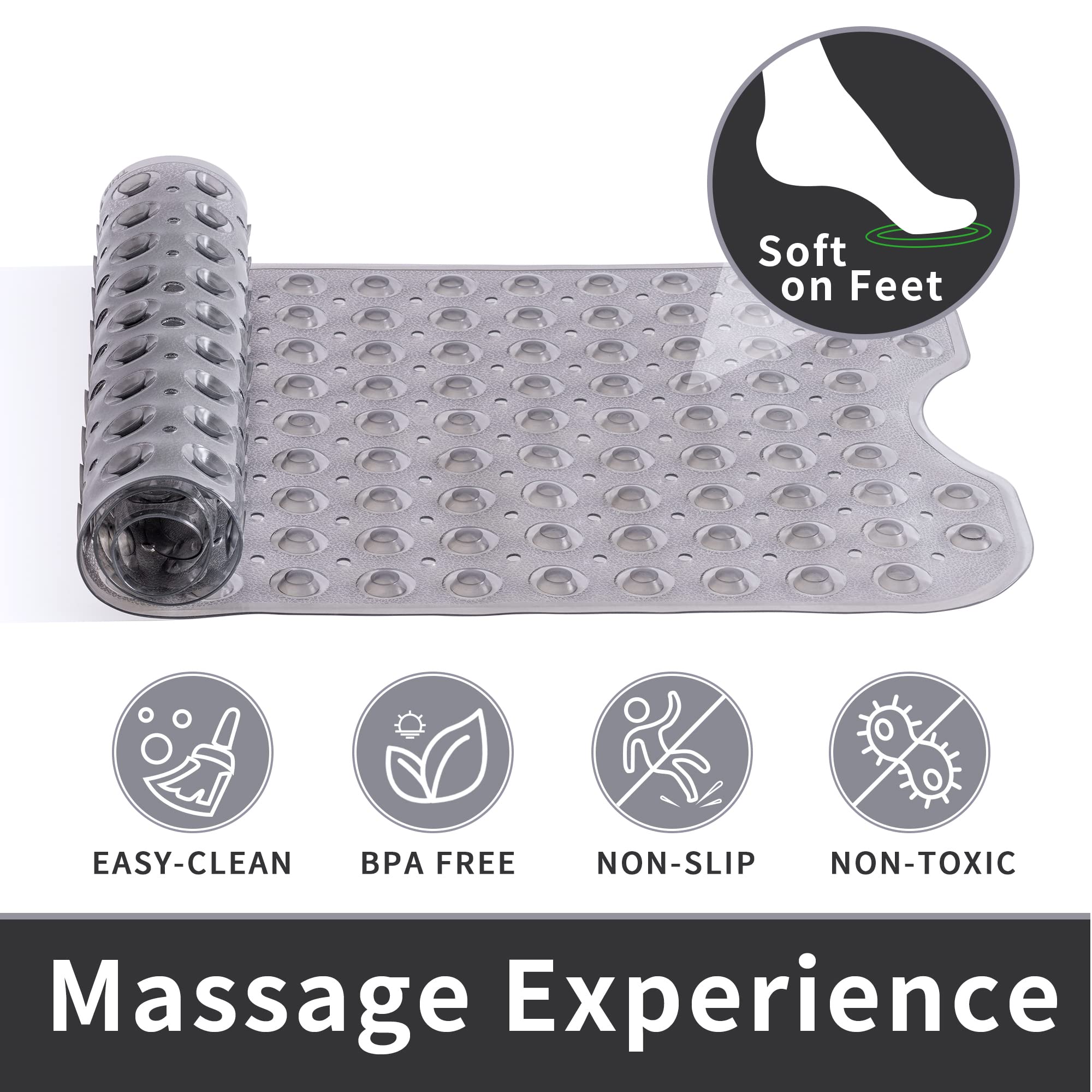 Rosmarus Extra Long 16    X 39    Non-Slip Bathtub Mat, Shower Mat For Tub With Suction Cups And Drain Holes Bathtub Mats For Ki