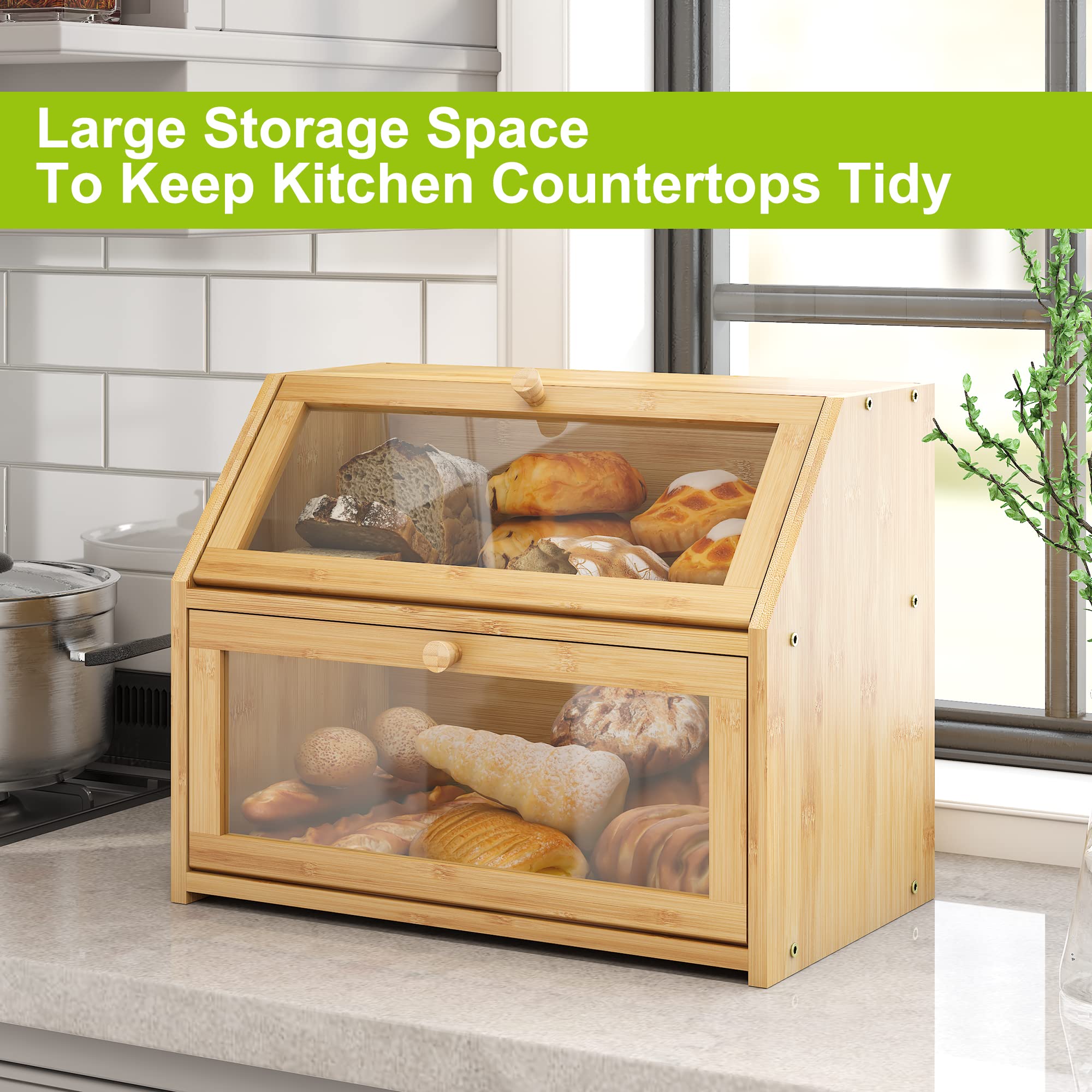 BMOSU Farmhouse Bread Box - Double Layer Bamboo Storage Container, Extra Large, Natural Color, Model CABB-TXMBX