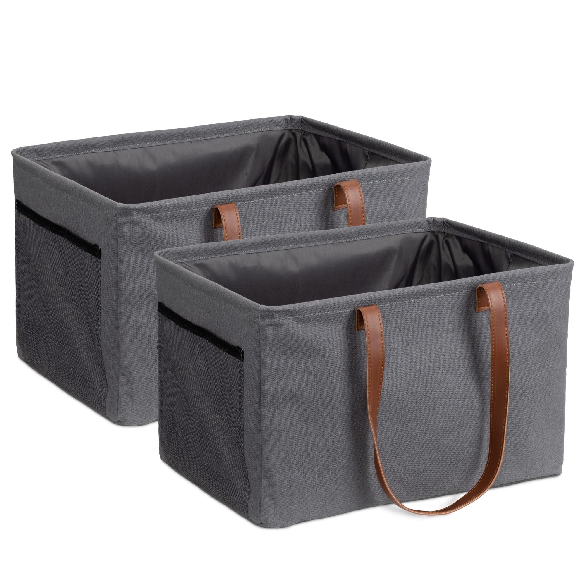 Navaris Collapsible Laundry Baskets - Set Of 2 - Foldable Washing Hampers - Clothes Storage Bins With Fabric Drawstring Lid & Si