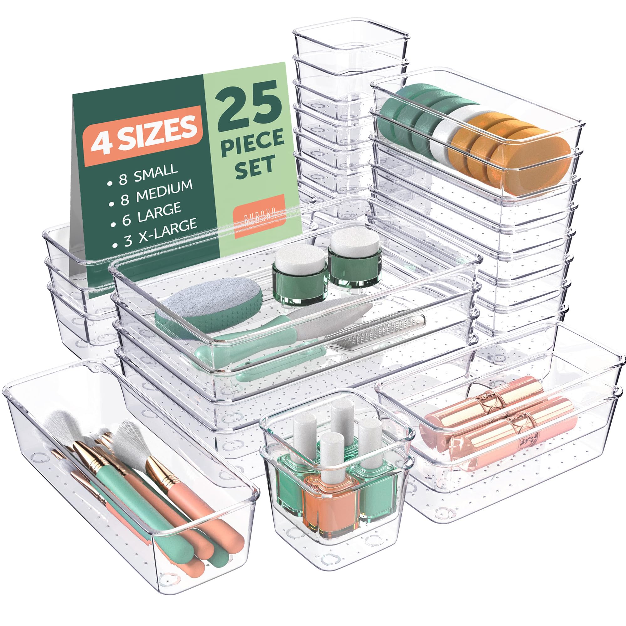 Ruboxa Clear Drawer Organizer, [25 PCS] Plastic Organizers for Home Organization and Storage, Including 4 Sizes Small Bins, Non-