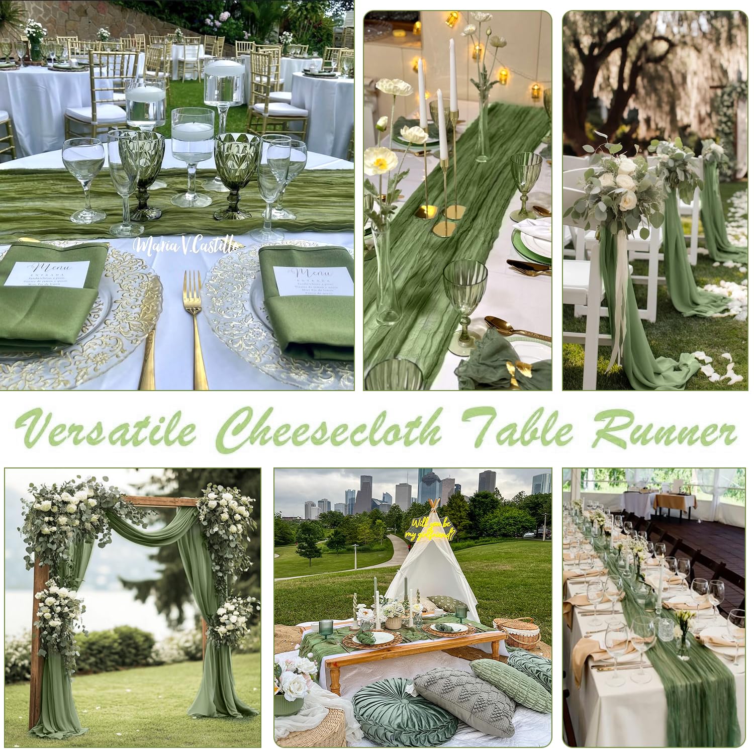 10 Packs Olive Green Cheese Cloth Table Runners, 10FT Boho Gauze Moss Green Cheesecloth Table Runner for Wedding Bridal Baby Sho