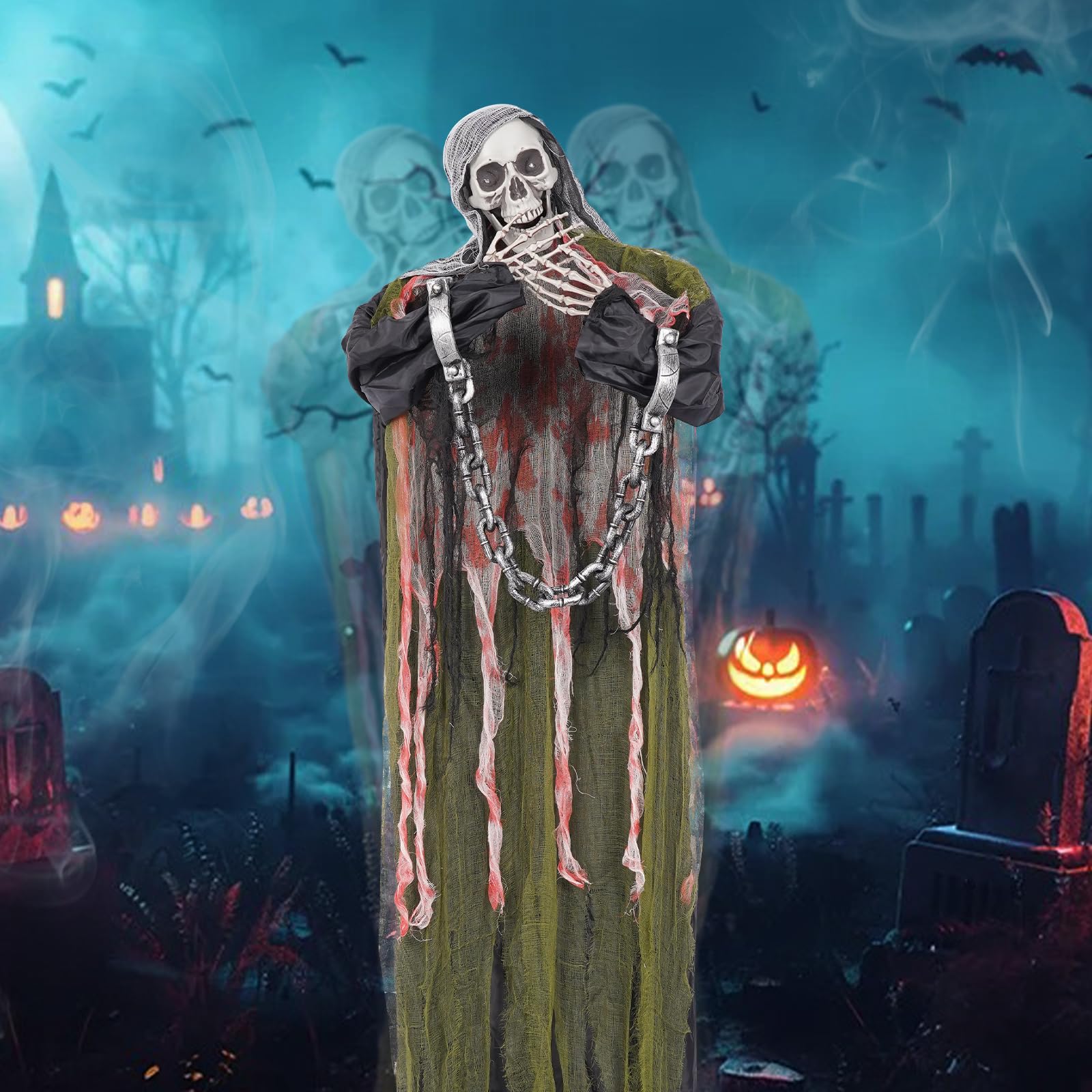 Halloween Decorations Outdoor Life Size Animatronics Grim,LED Eyes Evil with Chain,Creepy Sound, Scary Move,Light Up Eyes,Haunte