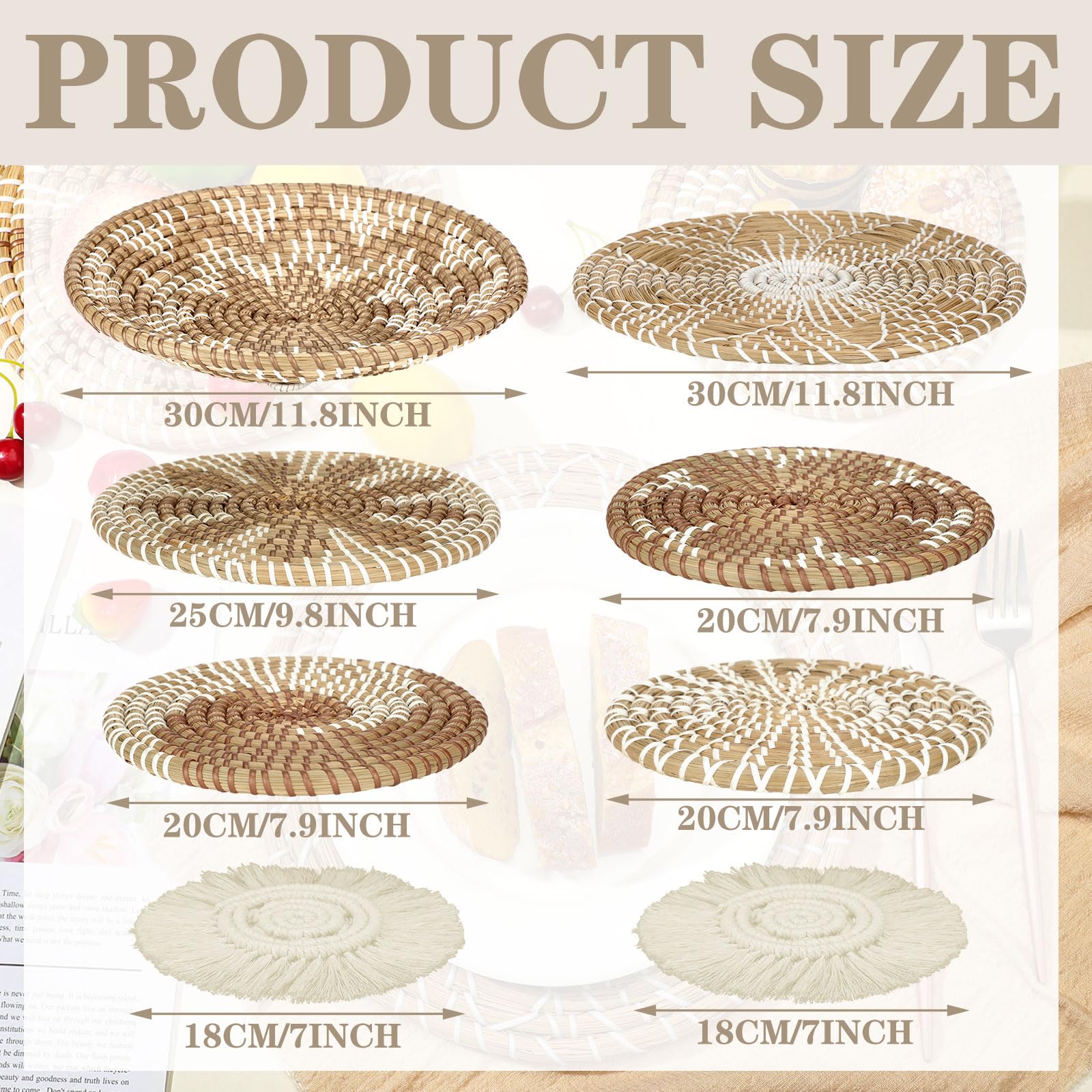 Xuhal Set Of 8 Hanging Woven Wall Basket Handmade Decorative Rustic Boho Wall Basket Decor Handcrafted Wicker Round Seagrass Bas