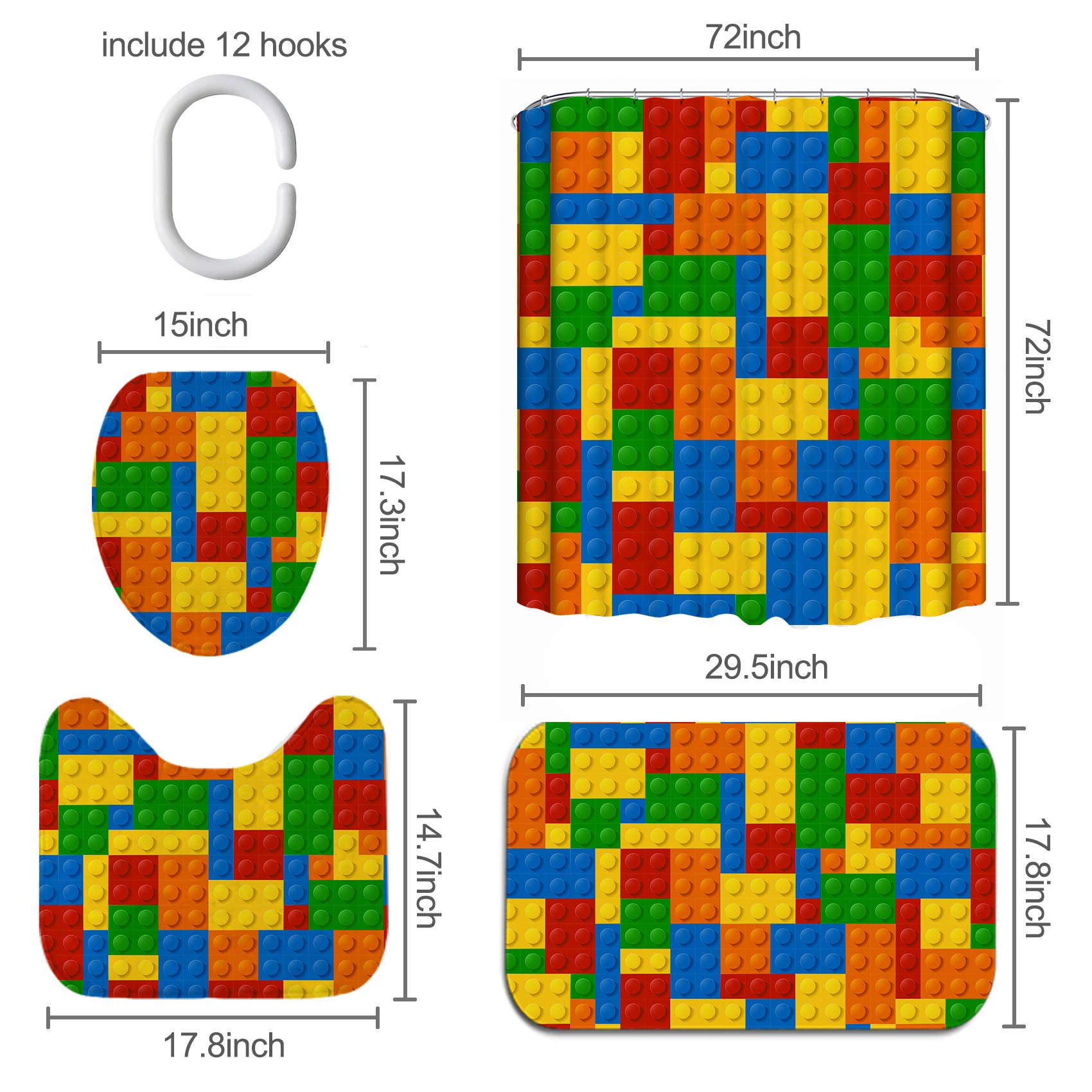Faitove 4Pcs Kids Funny Blocks Shower Curtain Sets With Rugs, Toilet Lid Cover And Bath Mat, Colorful Shower Curtain Cloth Water