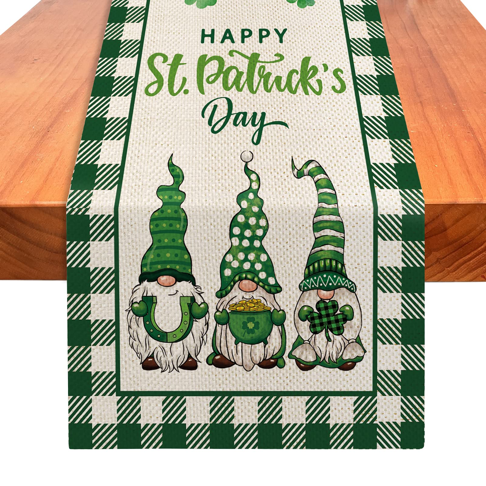 Yovoyoa Happy St Patricks Day Gnomes Table Runner 72 Inches Long, Green Shamrock Buffalo Plaid Table Runner, St Pats Lucky Clove