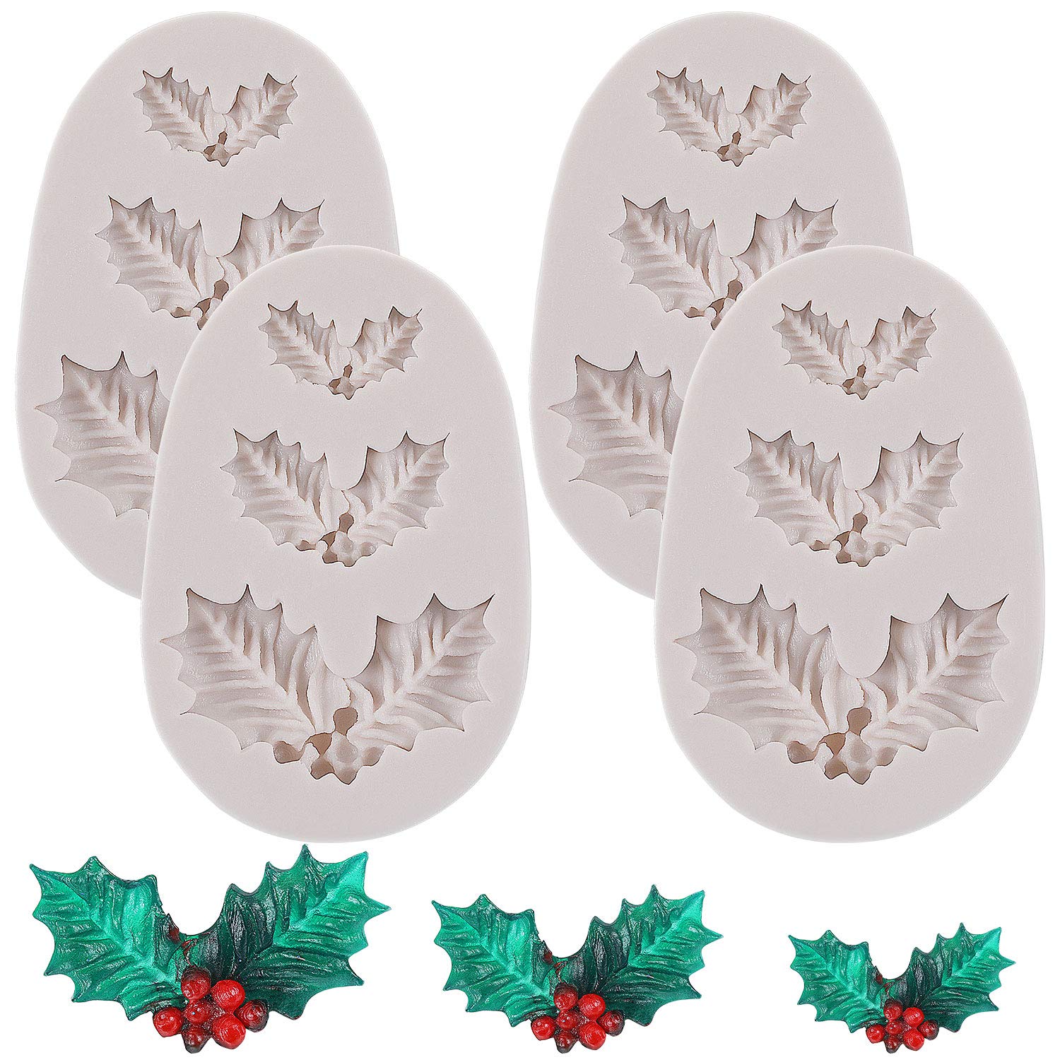 Patelai 4 Pcs Christmas Holly Leaf Silicone Fondant Candy Molds