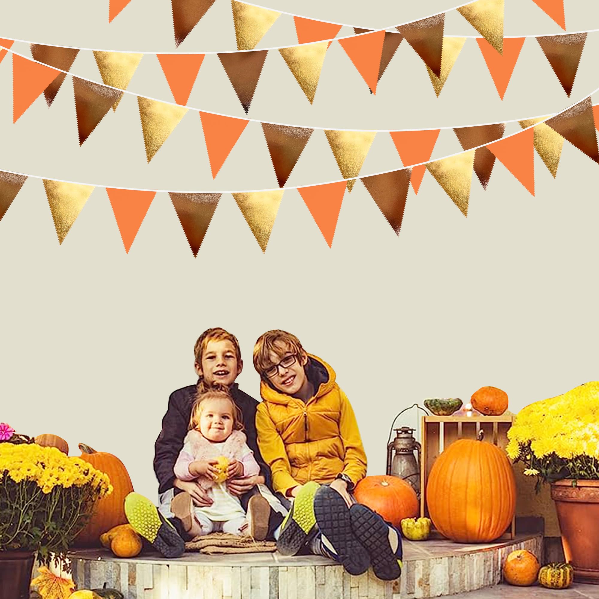 Fall Party Decorations Orange Gold Brown Metallic Fabric Triangle Pennant Banner Flag Bunting Garland For Autumn Fall Thanksgivi