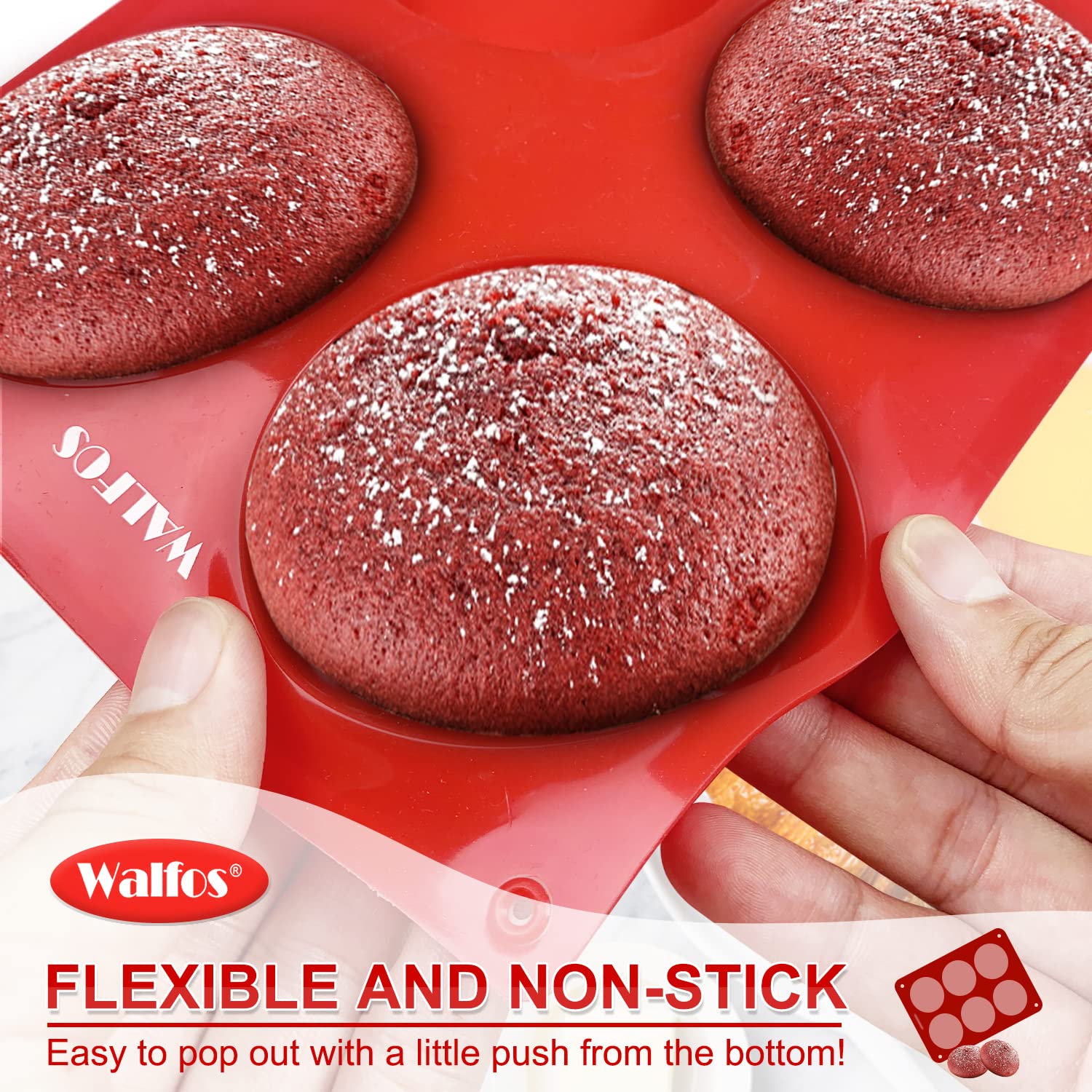 Walfos Flexible Silicone Muffin Top And Whoopie Pie Pans, Red, Set Of 2, Easy To Use And Clean, Wide Heat Resistance, Bpa Free,