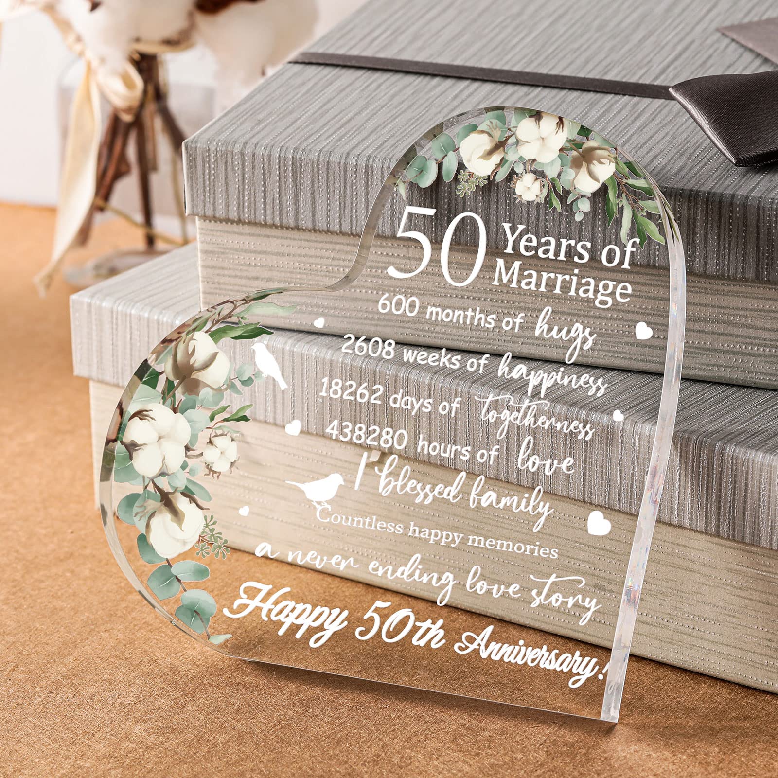 Yulejo Wedding Gift for Her: 50th Anniversary Keepsake Acrylic Heart Decor (White, 15.1 x 15.1 x 1.4 cm / 5.9 x 5.9 x 0.55 inche