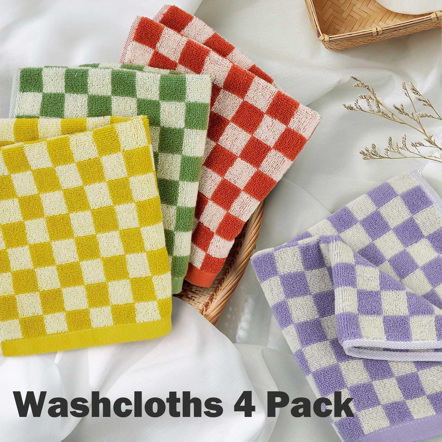 Wash Cloths For Showering Cotton Checkered 4 Pack 4 Colors - Cotton Washcloths For Face Body, 13 X 13 Inches Daily Cleansing Kit