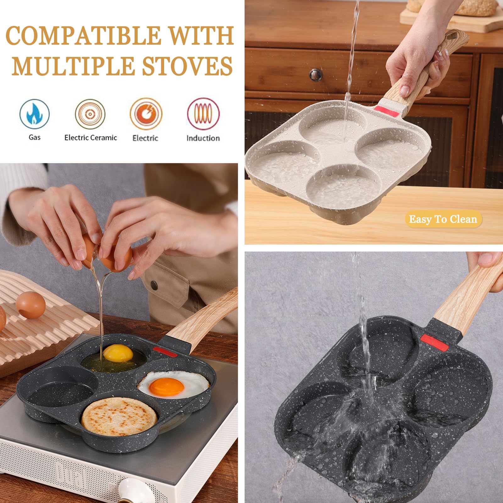 Justup Nonstick Egg Frying Pan, Egg Pan Divided Grill Pan, Heat Resistant Handle 3 Section Skillet, Omelette Pan For Breakfast,