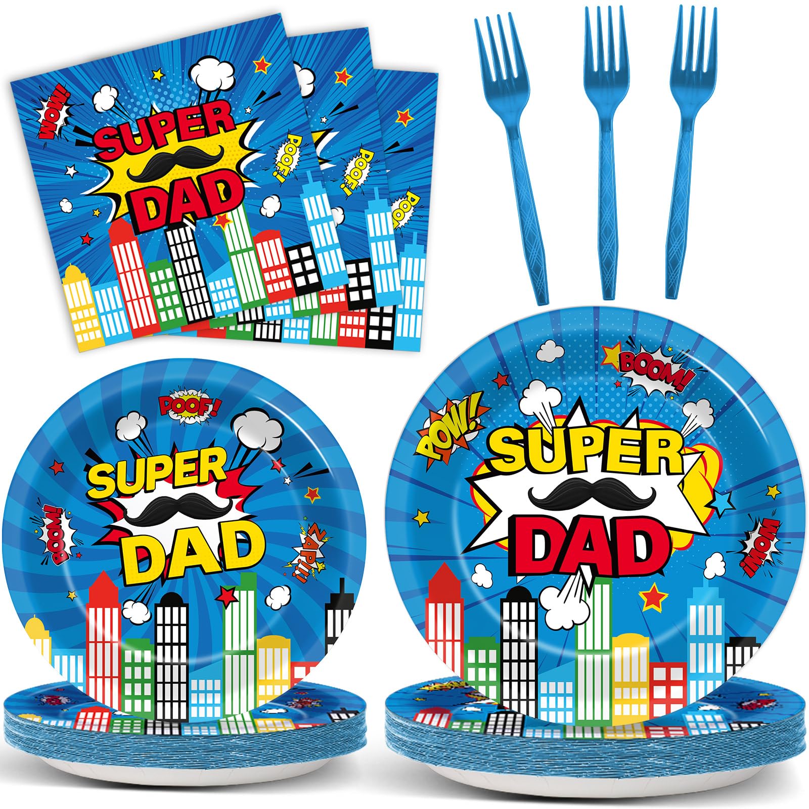96Pcs Happy Fathers Day Paper Plates and Napkins Super Dad Party Decorations Super Theme Dessert Plates Hero Cityscape Birthday 