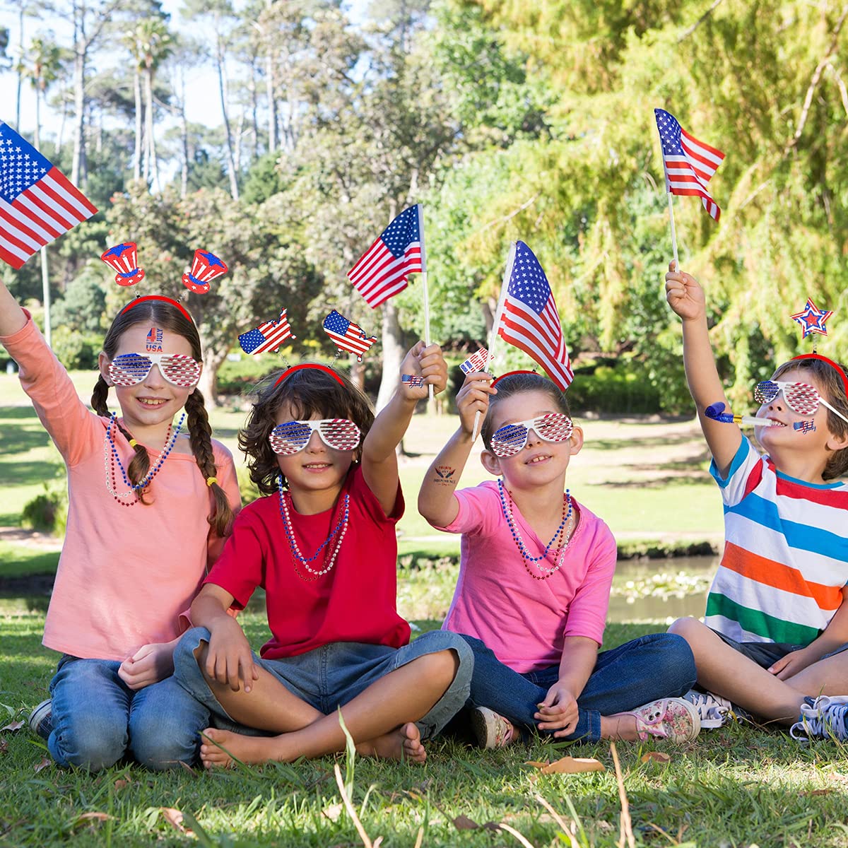 Movinpe 120 Pcs Patriotic Party Favors, 4Th Of July Accessories Headbands, Shutter Shades Glasses, Beaded Necklaces, Hand Held U
