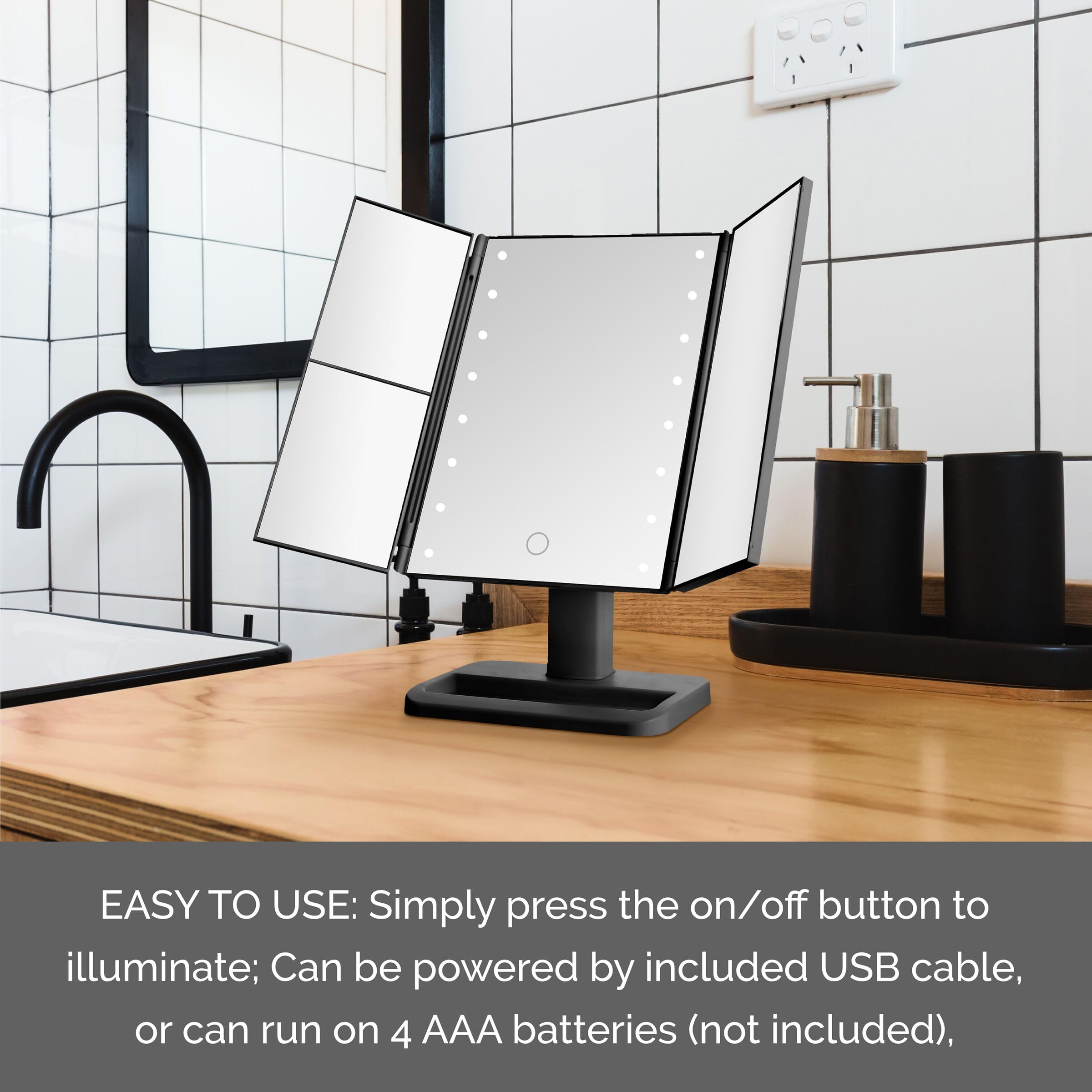 Melannco Black Tri Fold Led Vanity Mirror, 3 Magnifications And Dimmable Led Lights, Lighted Makeup Mirror, Touch Control