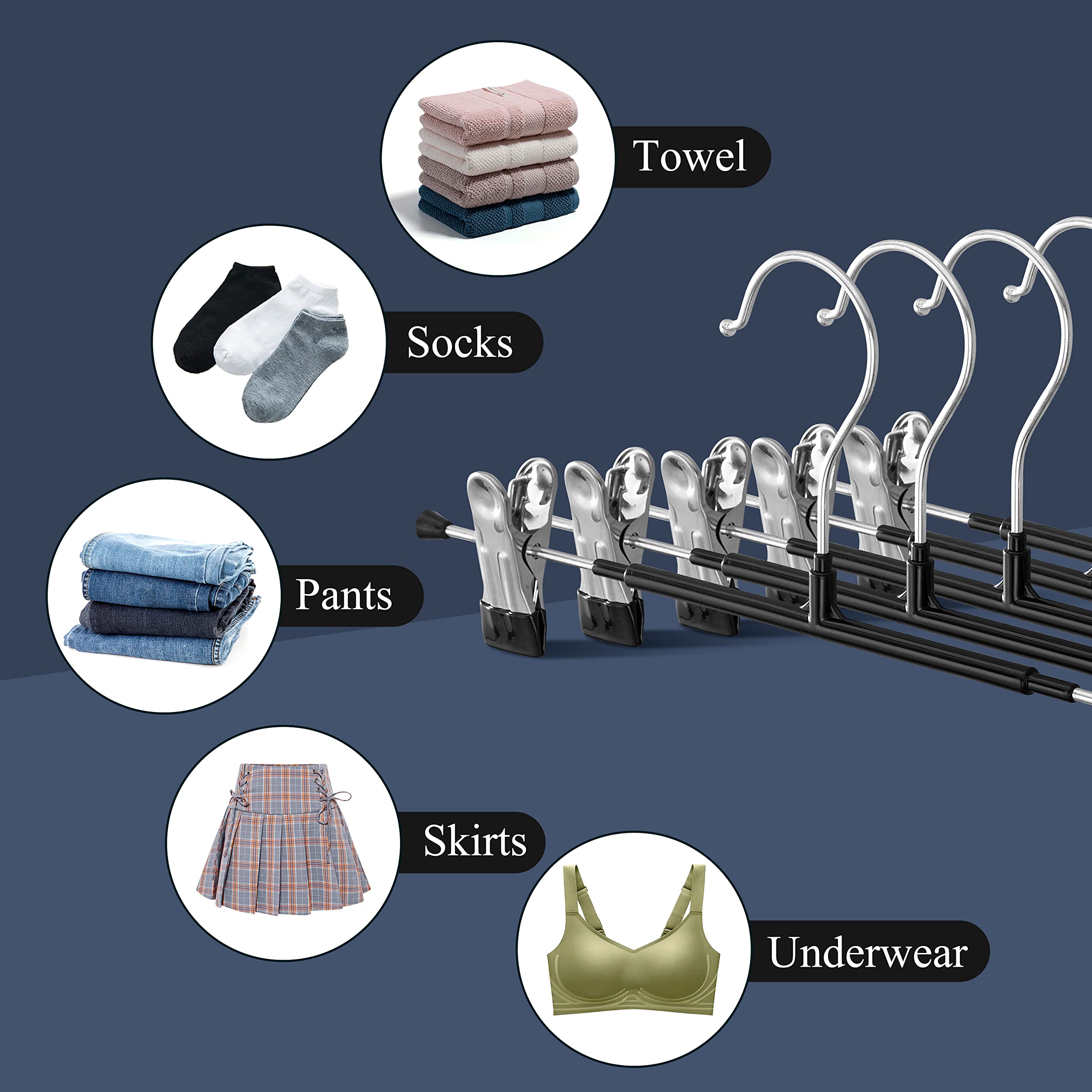 HWAJAN 14Inch Black Pants Hangers with Clips 20 Pack Adjustable Skirt Hangers for Women Non-Slip Trousers Hanger for Jeans Clothes Hangers for Pants Heavy Duty Space Saving Shorts Hangers