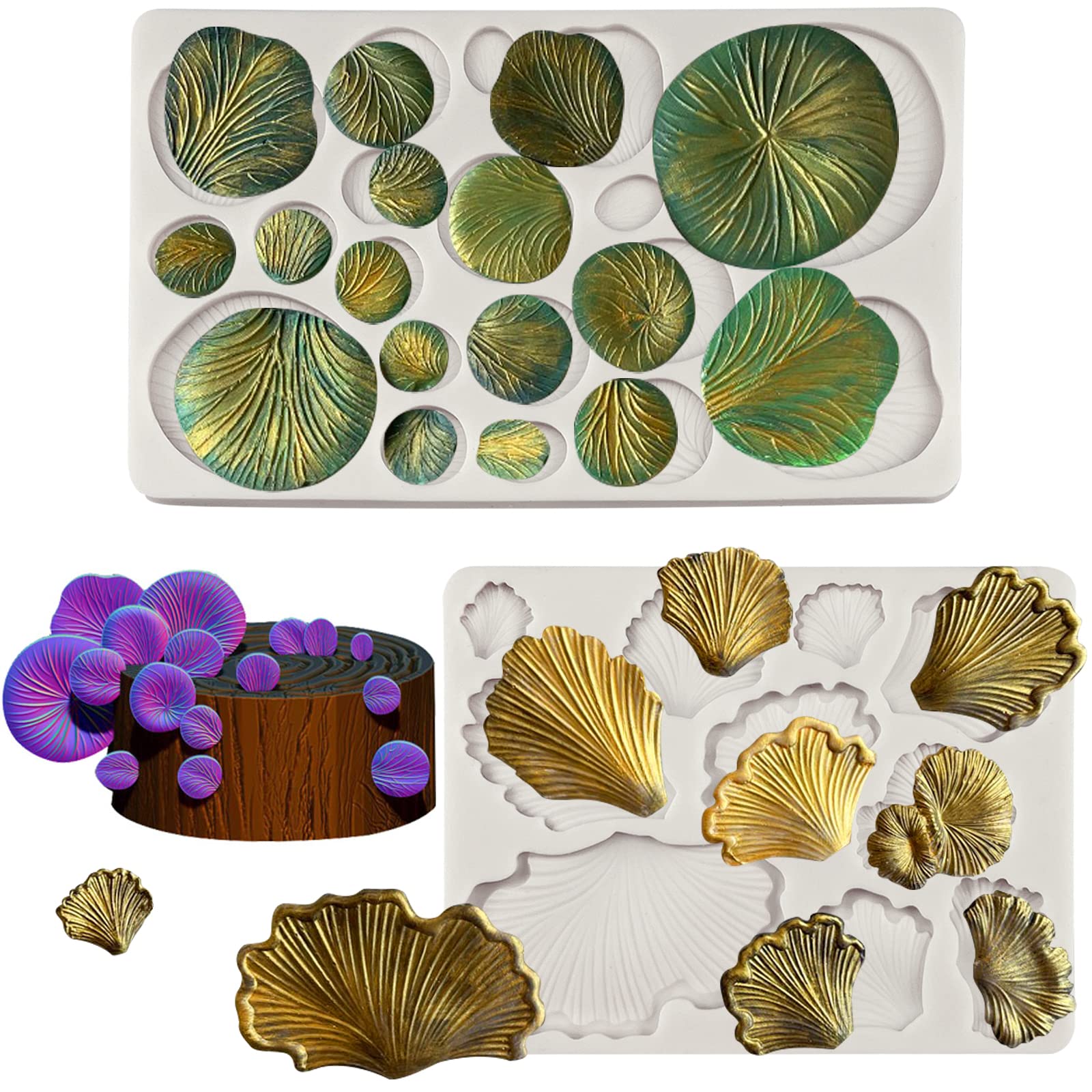 Fungi Fondant Molds 2 Pcs, Plant Mushroom Cake Decoration Silicone Molds, Ginkgo Biloba Candy Chocolate Molds, Flower Paste Gum