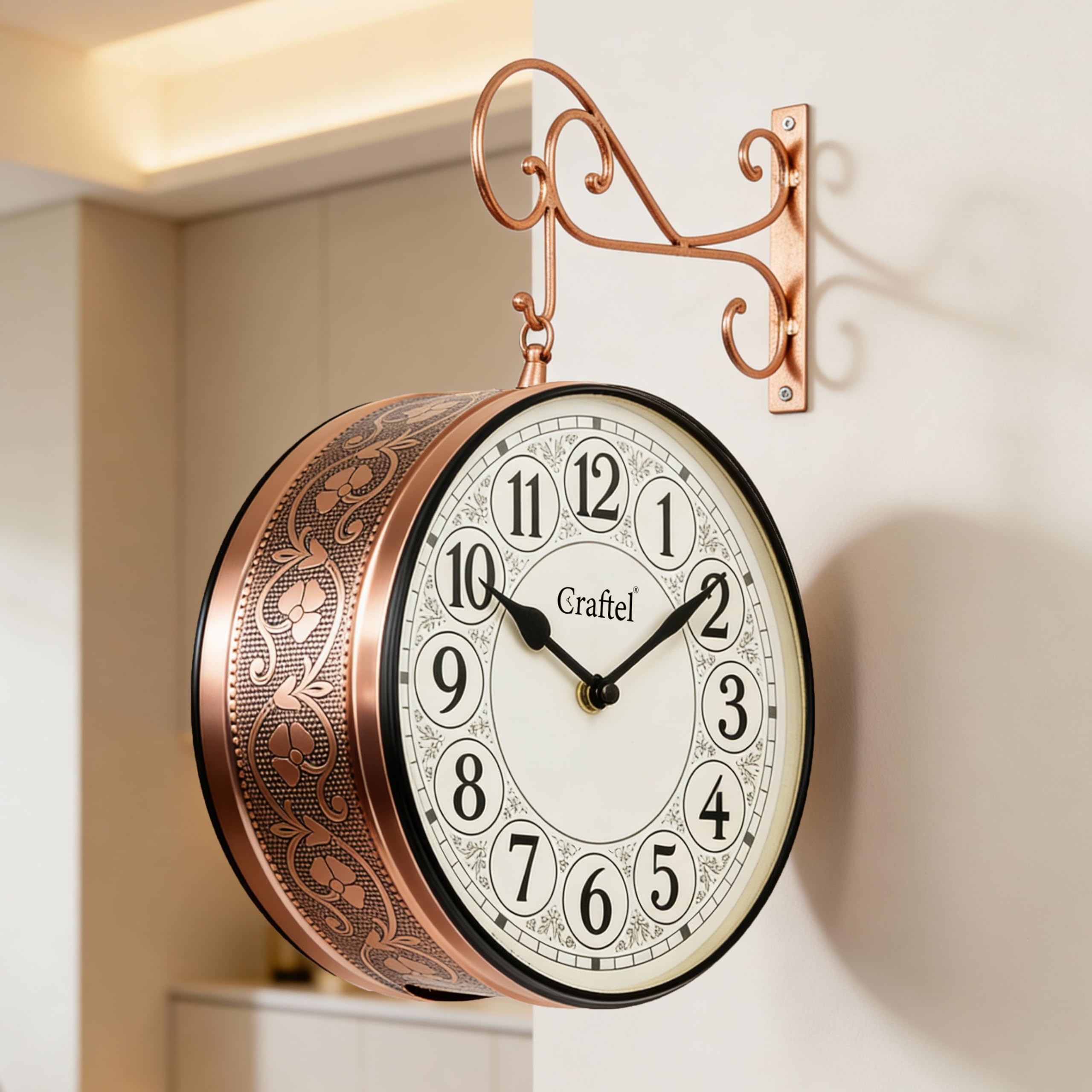 Craftel Metal Analog Double Sided Vintage Station Wall Clocks (One Side English Other Side Roman, Rose Gold - 12 Inches)