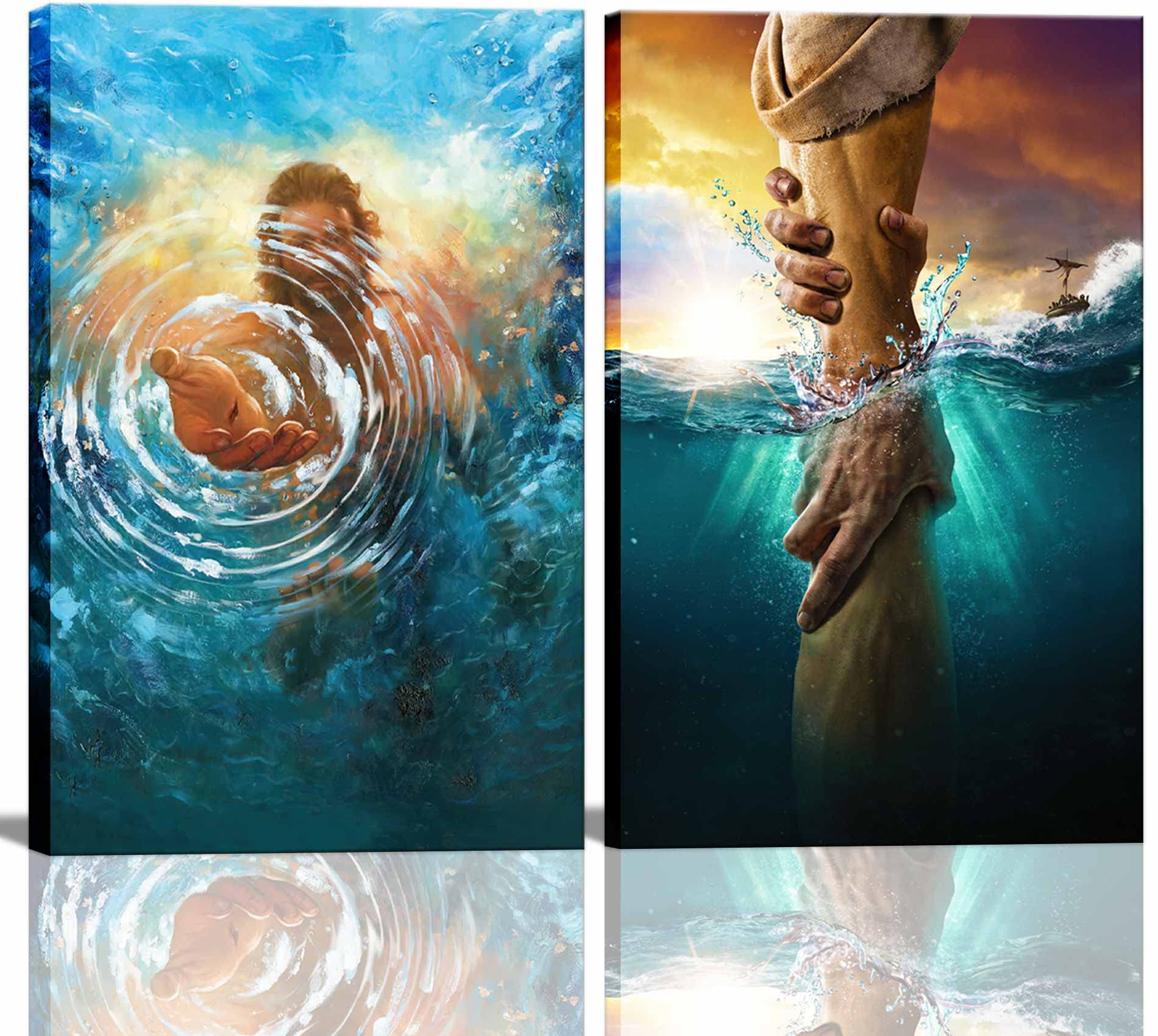 2 Pcs Framed Jesus Wall Art The Hand Of God Jesus Reaching Into Water Christ Religion Canvas Wall Decor Blue Ocean Bible Picture