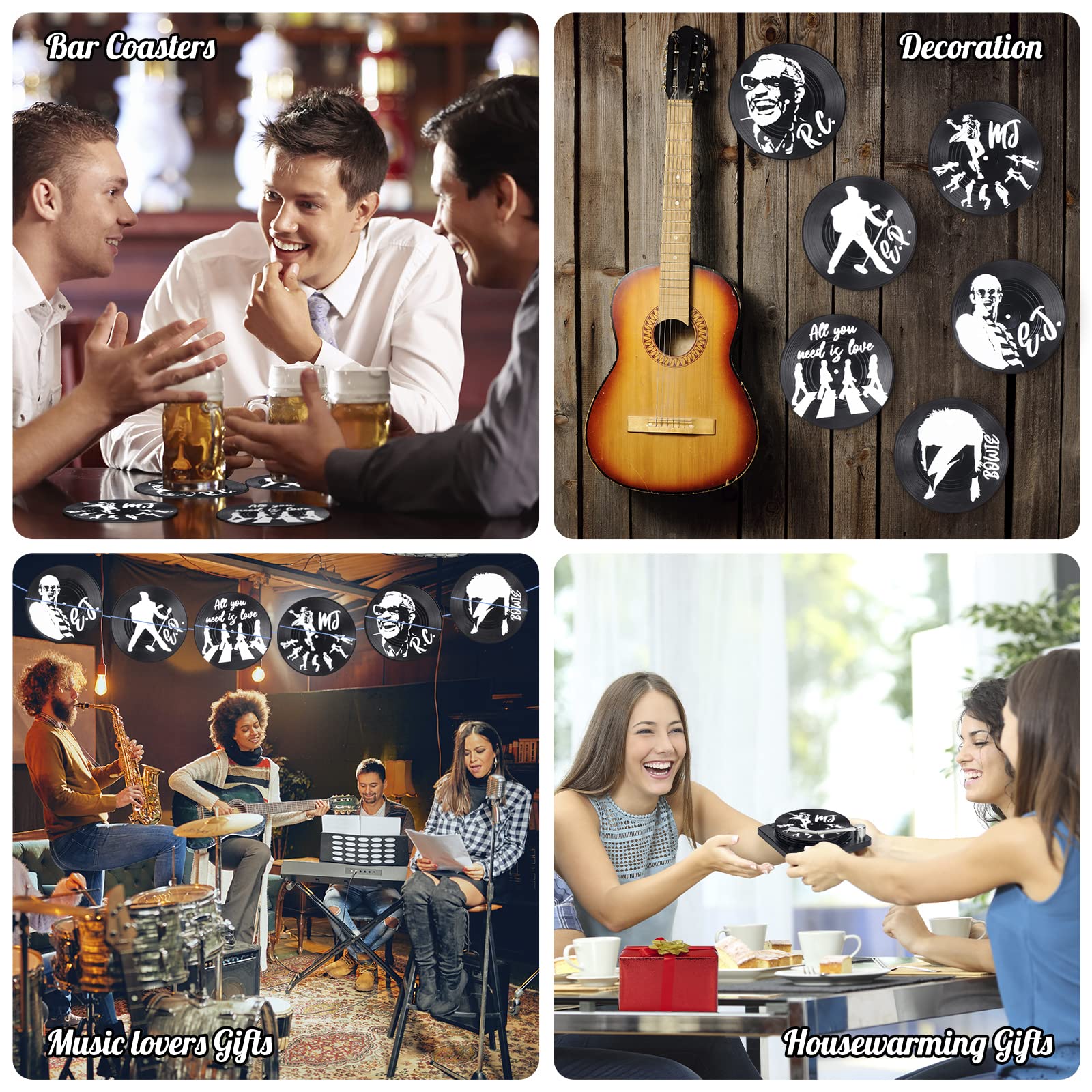 Valdivia Retro Vinyl Record Coasters With Player, 6 Pcs Music Coasters For Drinks, Bars, Cool Home Decor And Funny Housewarming