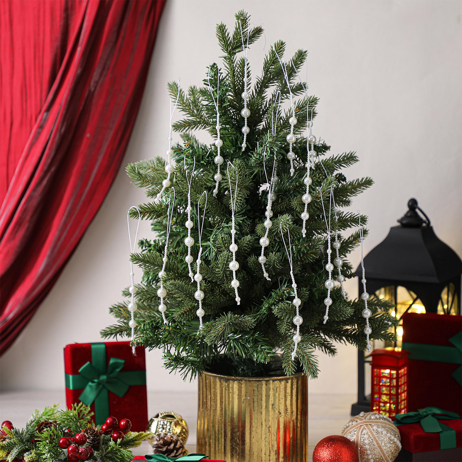 Leyndo 24 Pcs Christmas Pearl Ornament White Beads Christmas Tree Decorations Faux Pearl Hanging Ornament for Indoor Outdoor Xma