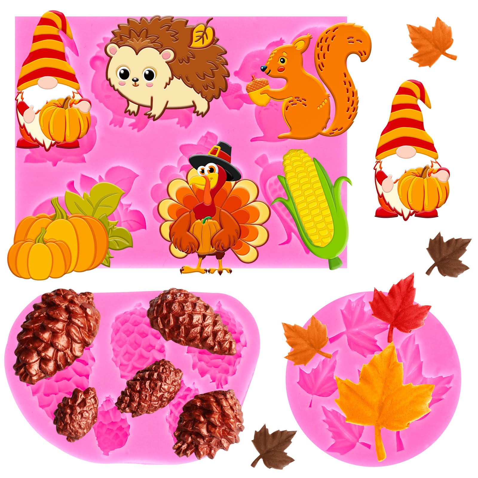 Whaline 3Pcs Fall Animals Fondant Molds Hedgehog Squirrel Turkey 3D Silicone Moulds Maple Leaf Pine Cone Pattern Resin Molds Aut
