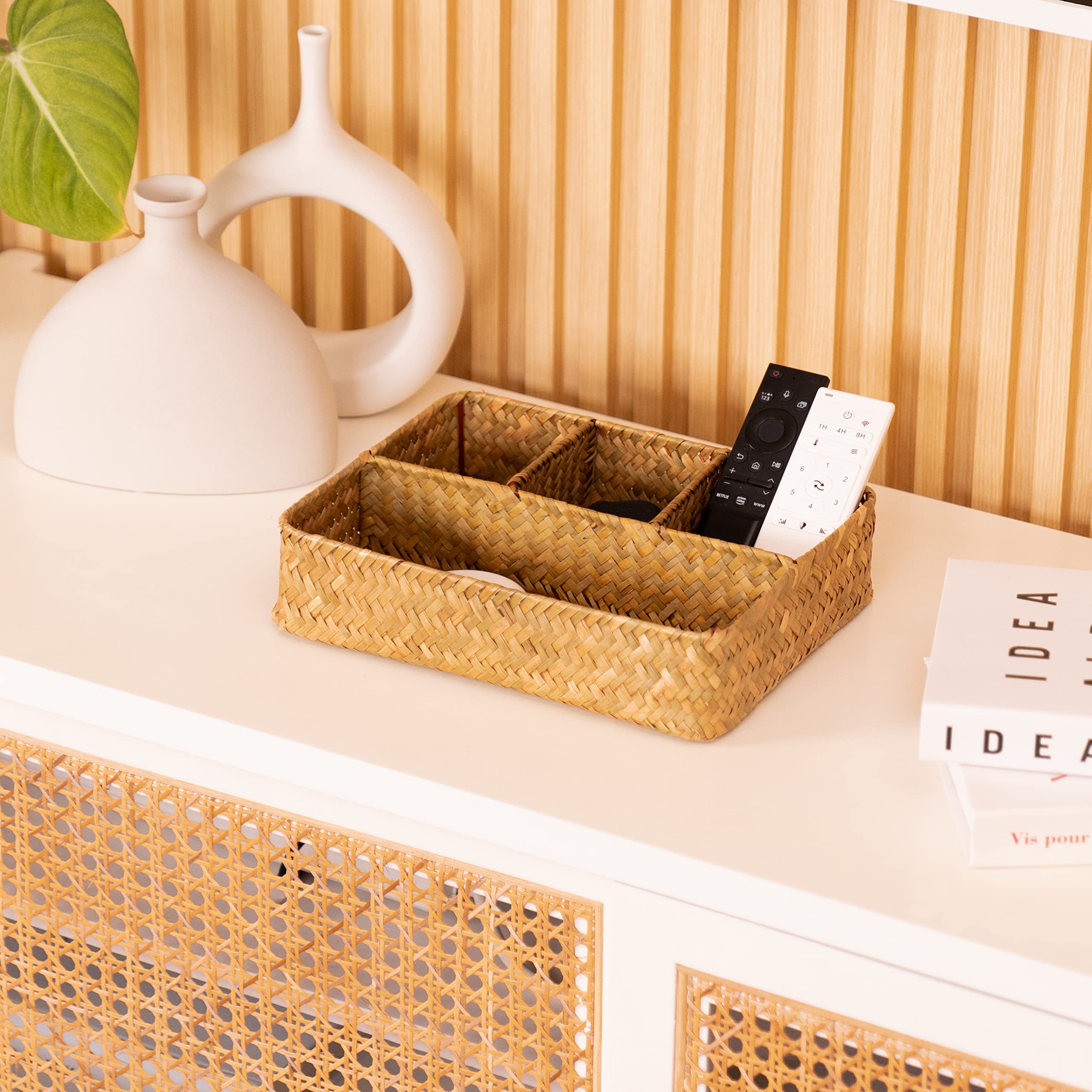 YANGQIHOME Tea Bag/Sugar Packet Holder  Coffee Station Condiment Organizer  Seagrass Storage Basket  Wicker Rattan Divided Basket Organizer for Drawer/Shelf/Countertop
