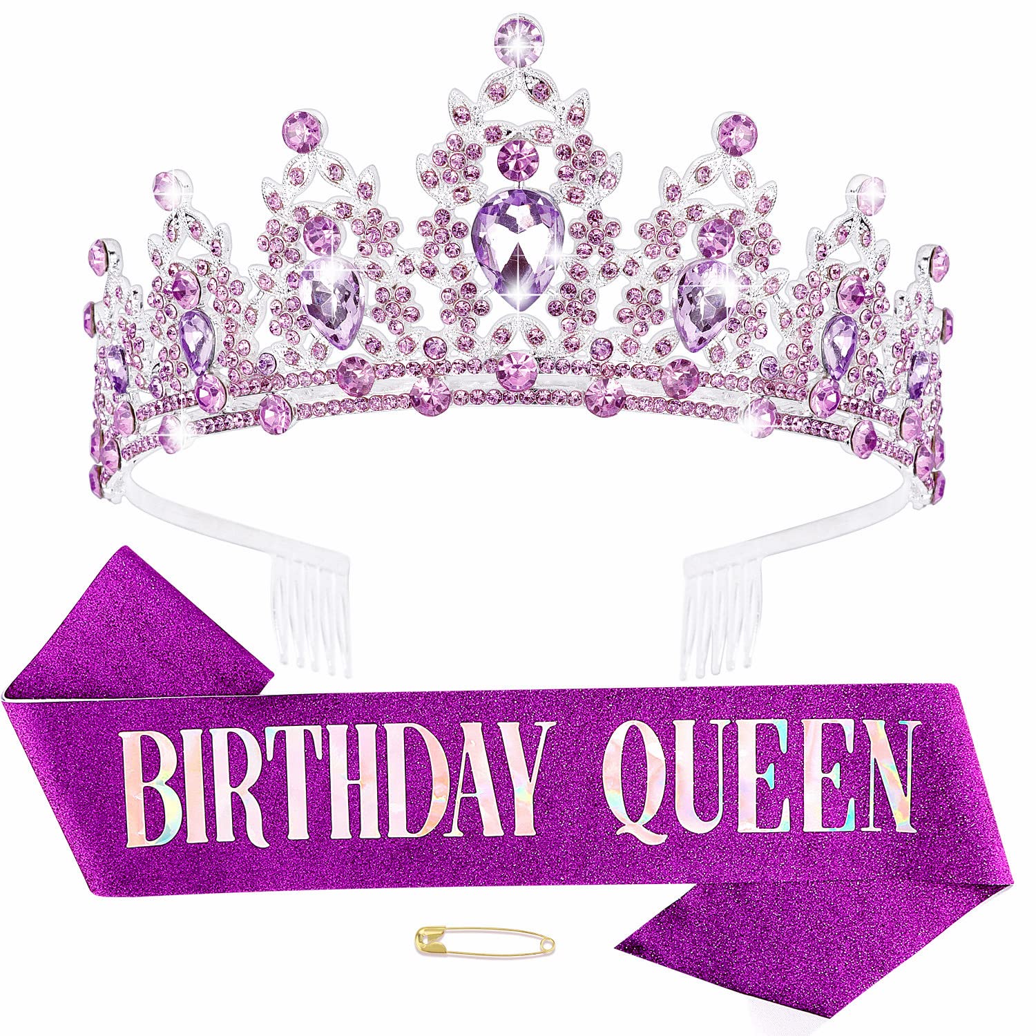 Didder Purple Birthday Queen Sash & Light Purple Crystal Crown Set, Queen Tiara & Sash For Women & Girls, Happy Birthday Decorat