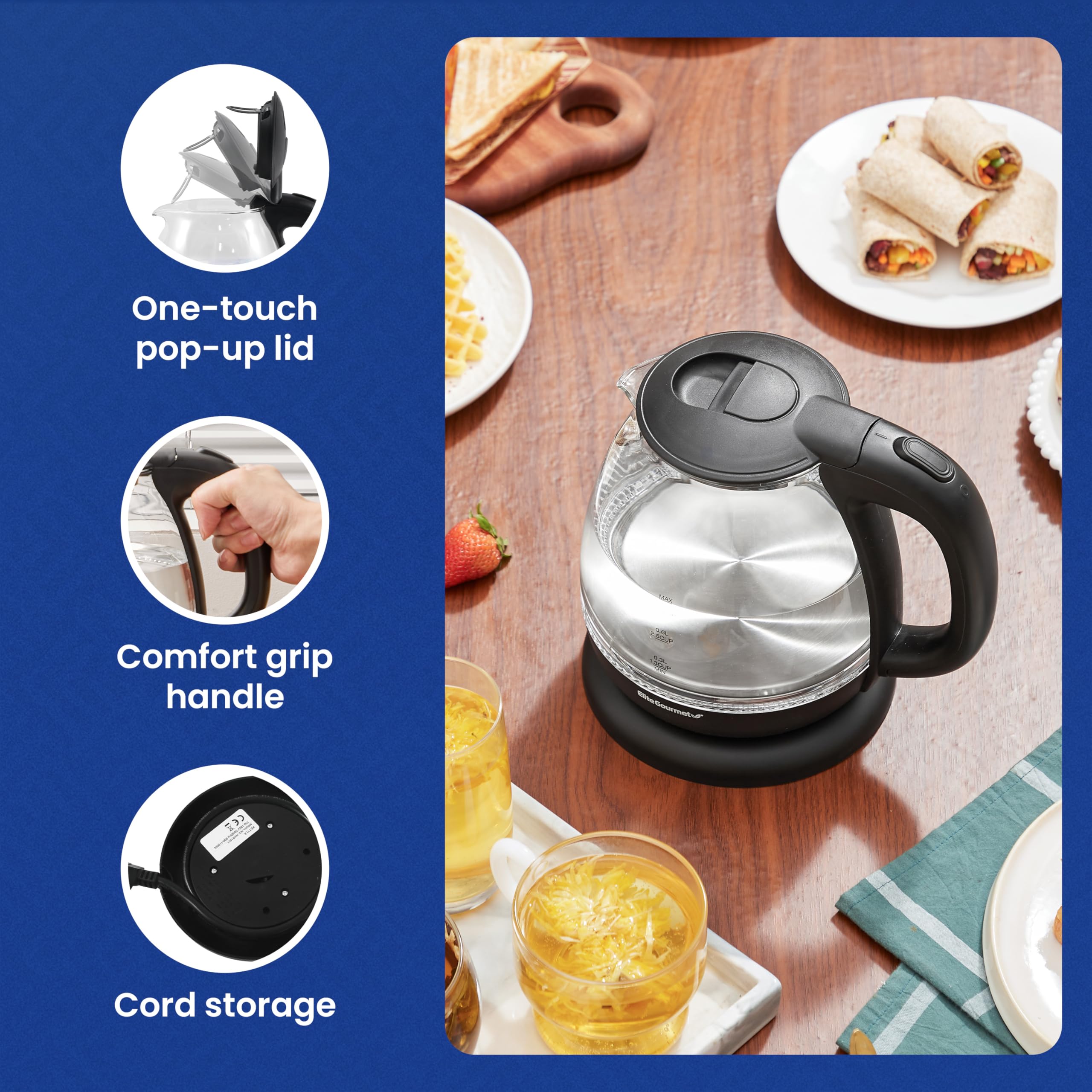 Elite Gourmet Electric Glass Kettle 1.0L, BPA-Free, 1100W, Stylish Blue LED, Auto Shut-Off, Graphite Black, Model EKT1001B
