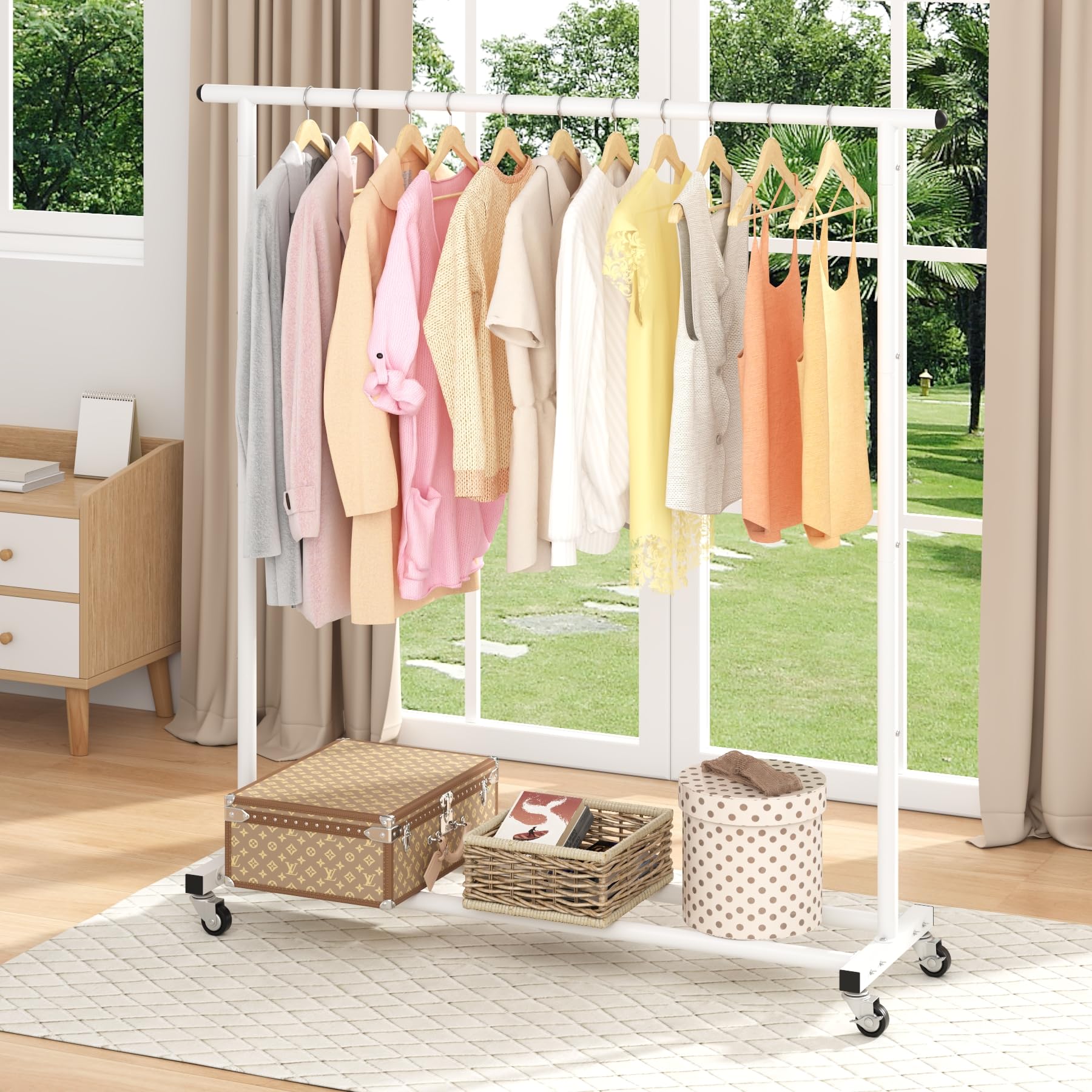 Buzowruil Clothing Rack Clothes Rack Standard Rod Simple Rolling Metal Garment Rack Organizer Freestanding Hanger With Wheels,Wh