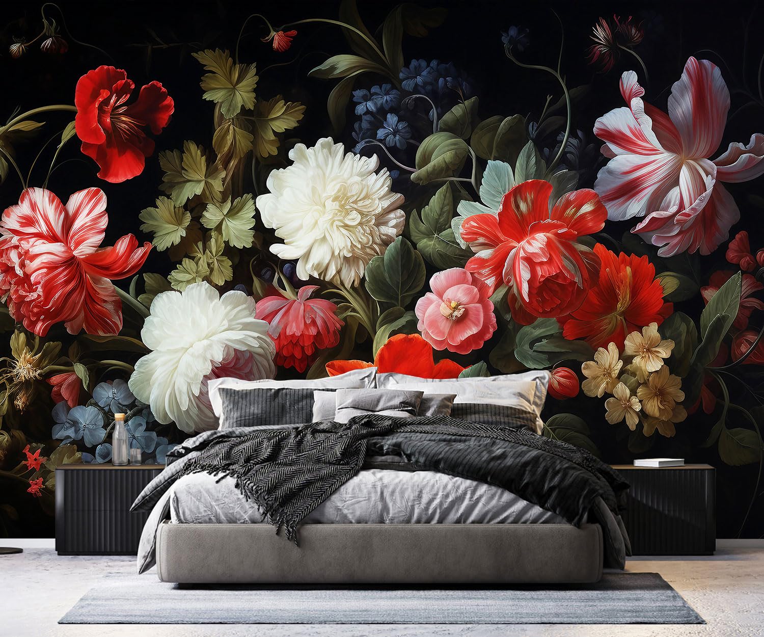 PYFFYP- Dark Floral Wallpaper Peony wall murals for Bedroom(Not Peel and Stick)