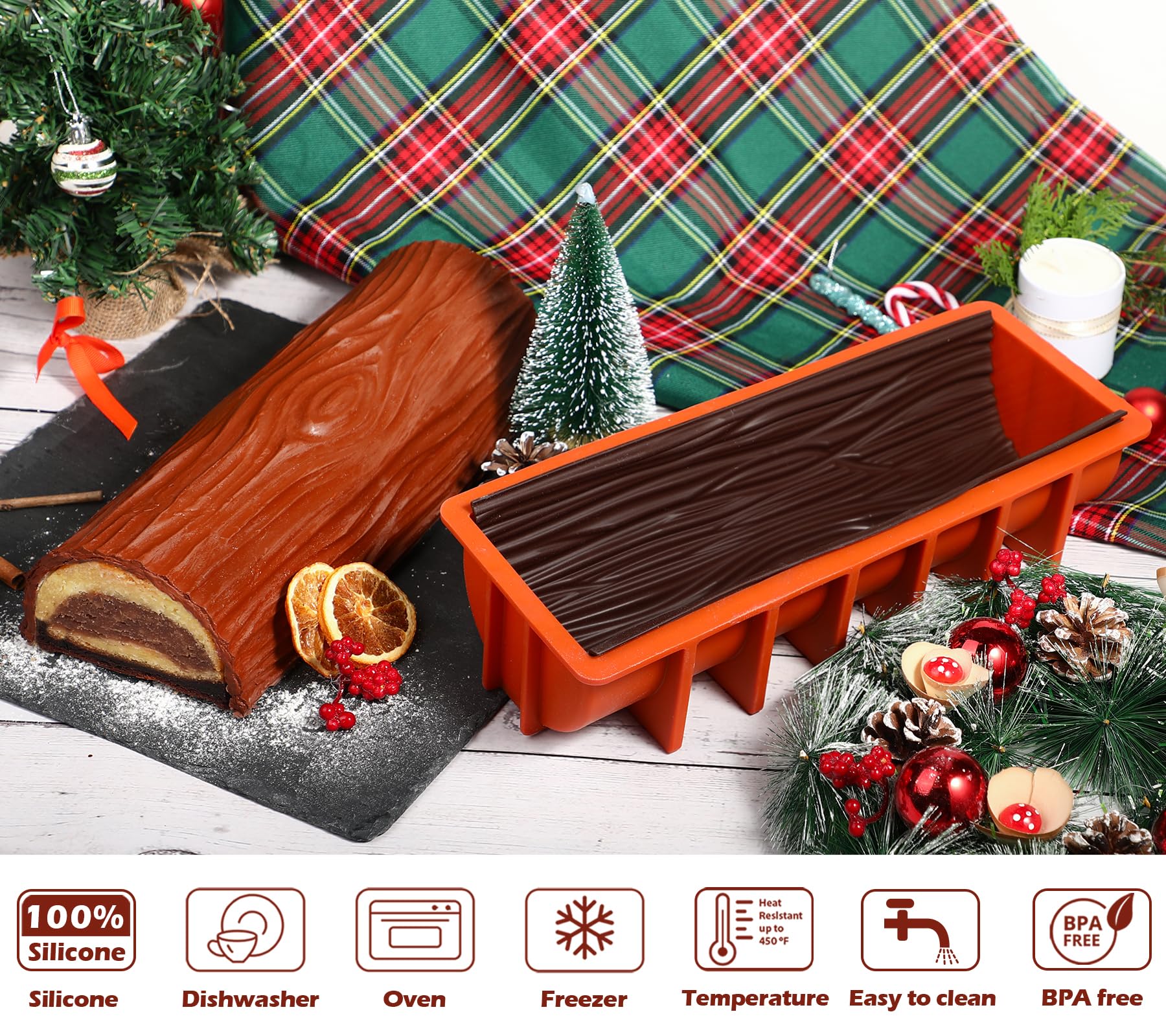 Webake Yule Log Cake Pan Silicone Yule Log Cake Mold With 2 Bark Mat, Christmas Cake Mold For Cake, Jello, Dessert, Great For Ch