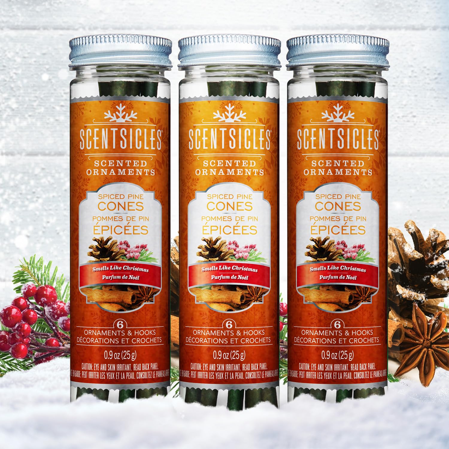 Scentsicles Spiced Pine Cones Scented Christmas Ornaments with Hooks - 3 Bottles (18 Sticks Total)