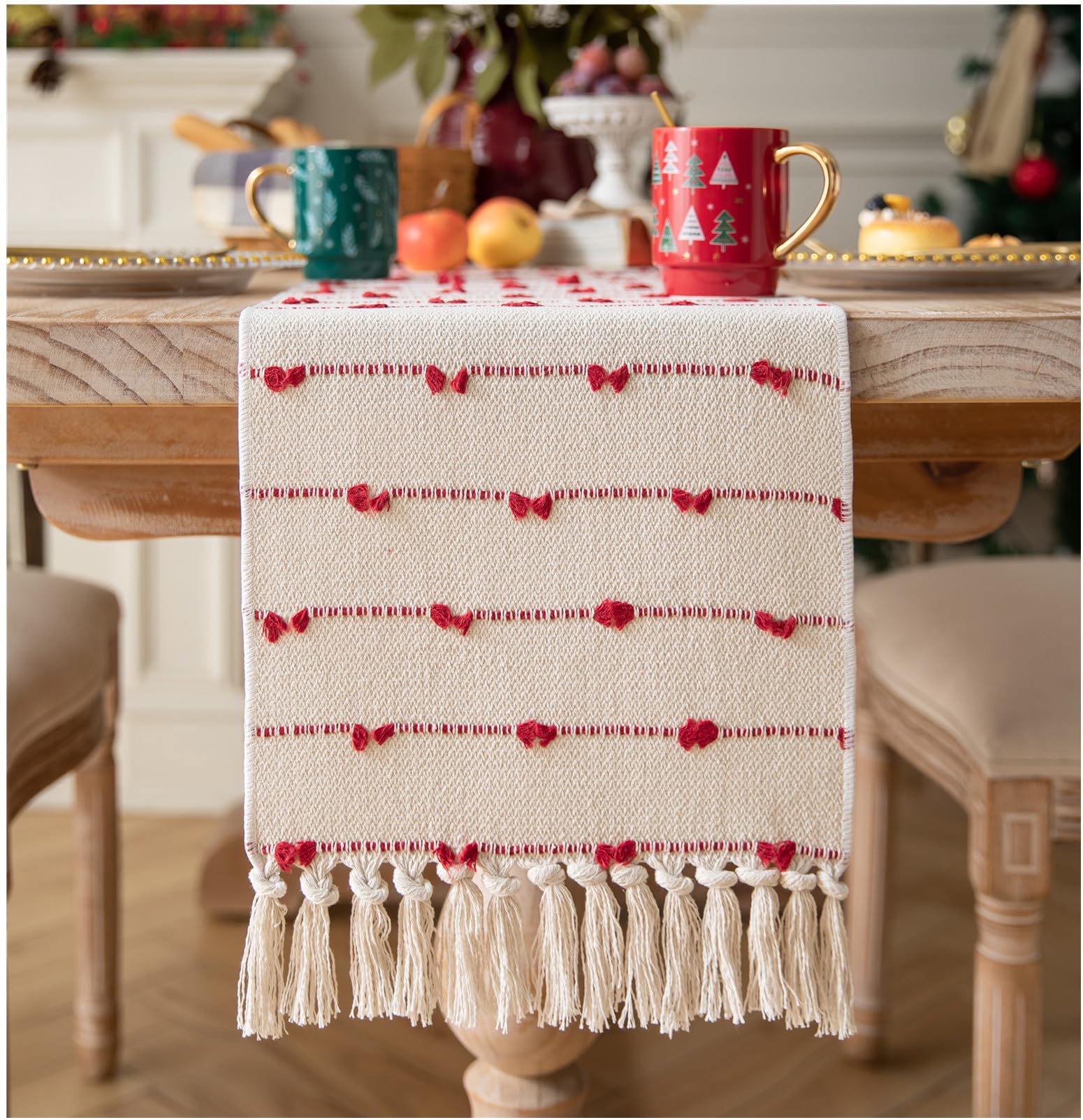Caflife Christmas Table Runner 108 Inchs Long for Modern Farmhouse Room Home Christmas Decorations, Boho Red Table Runner, Natur