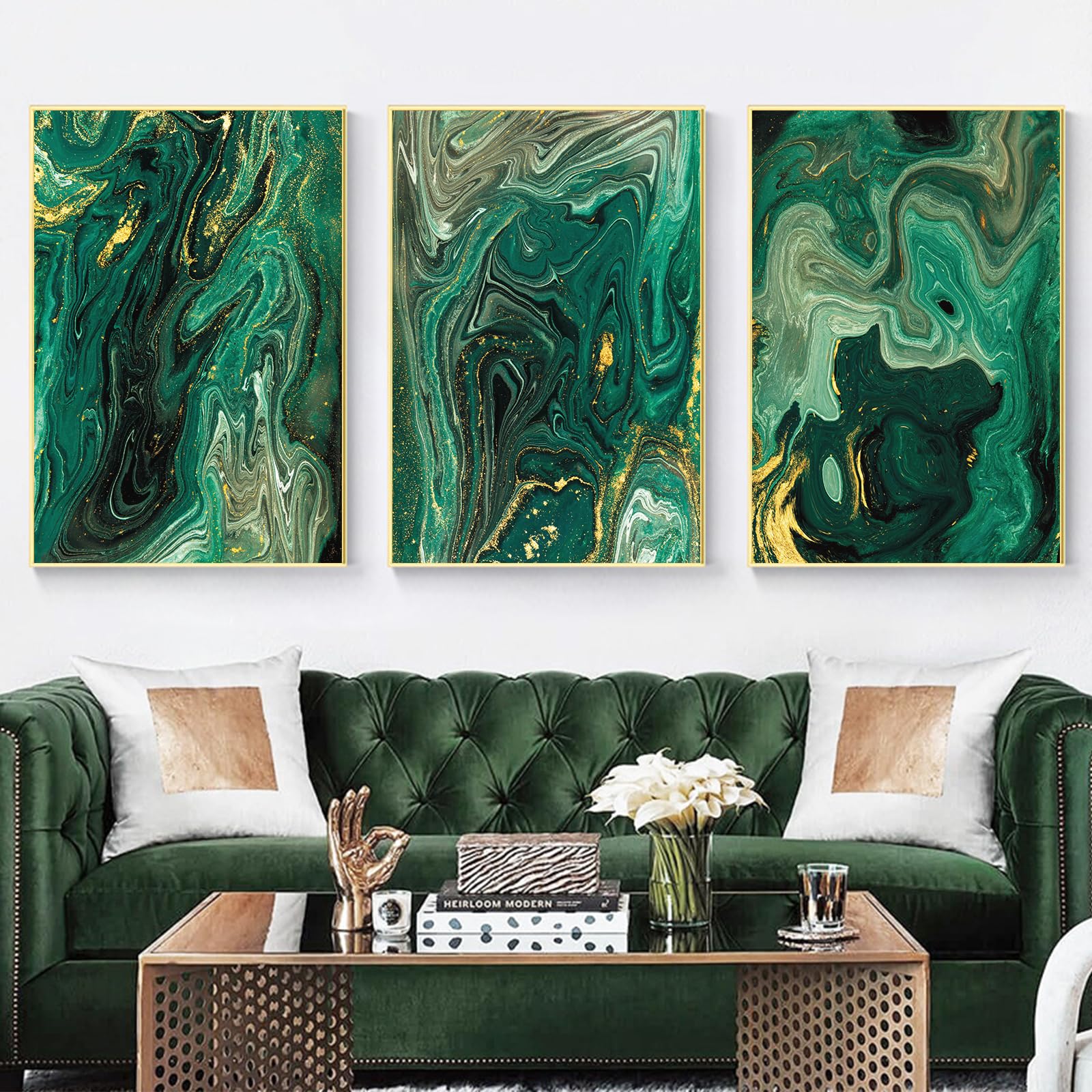 Golden Emerald Green Marble Flow Poster Canvas Wall Art Green Marble Wall Art Canvas Modern Abstract Dark Green Gold Marble Wall