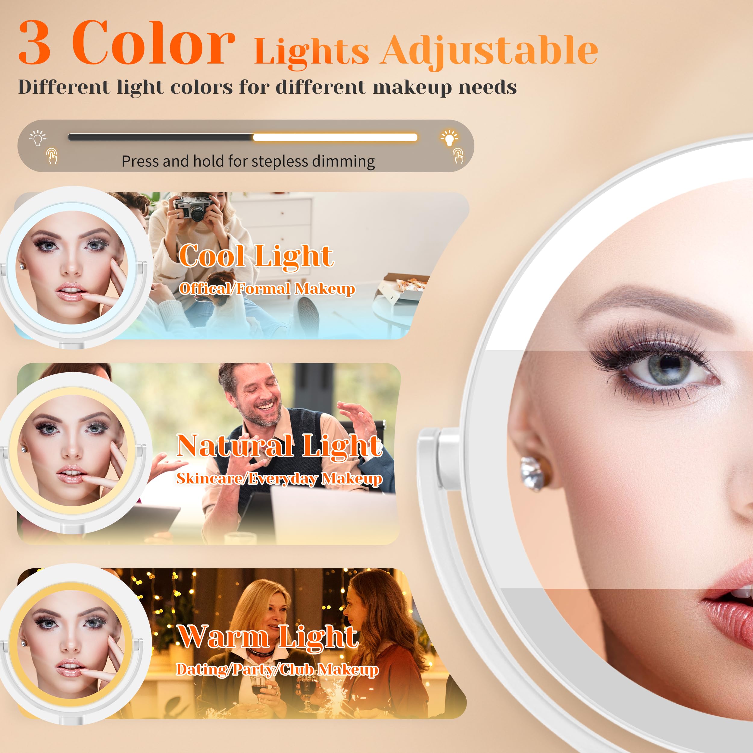 Vpu Vanity Makeup Mirror With Lights, 10X/1X Double Sided Magnifying Light Up Desk Mirror With Stand Cosmetic Organizer, 3 Color