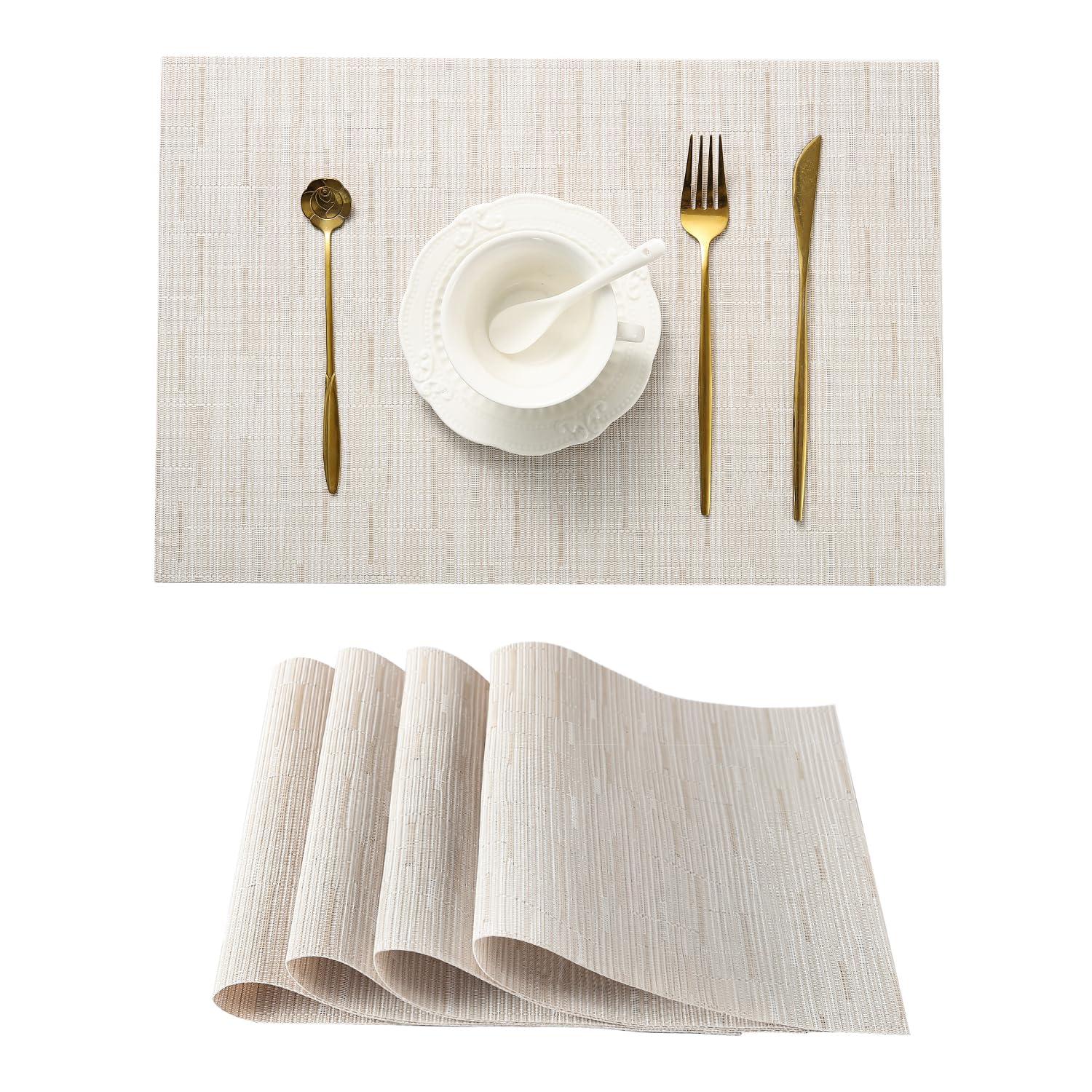 Leetaltree Pale Beige Placemats Set Of 4 - Heat Resistant Non-Slip Place Mats For Dining Table, Washable Durable Pvc Vinyl Woven