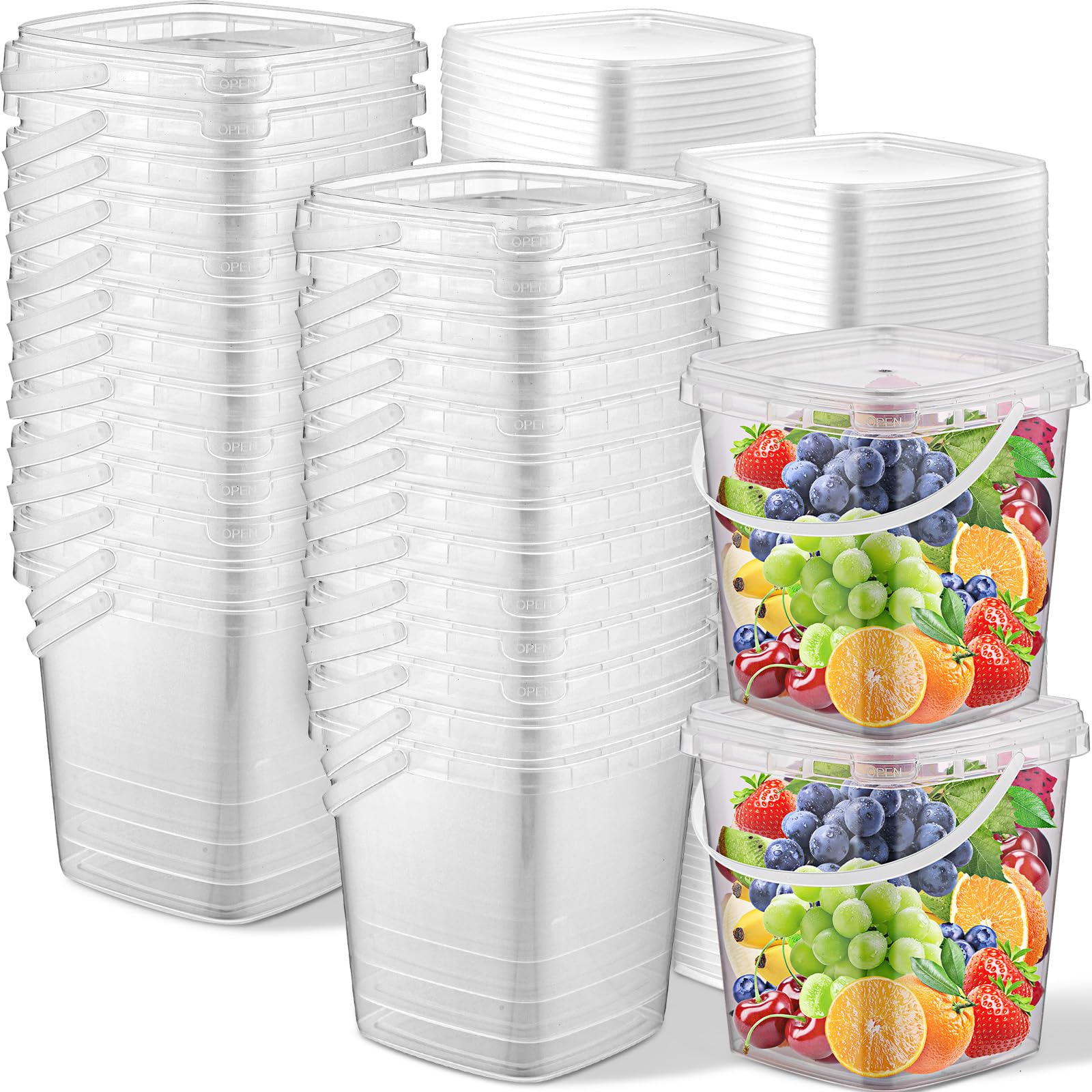 Huwena 30 Pcs 32 oz Deli Containers with Lids and Handles Square Plastic Food Storage Containers Clear Restaurant Stackable Cont