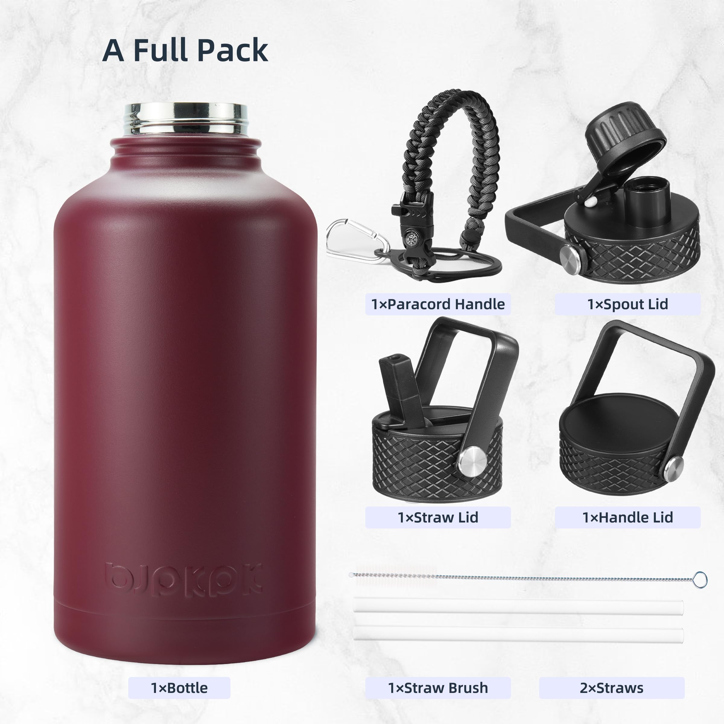 Bjpkpk Half Gallon Insulated Water Bottles With Straw Lid, 64Oz Large, Stainless Steel With 3 Lids And Paracord Handle For Hot &