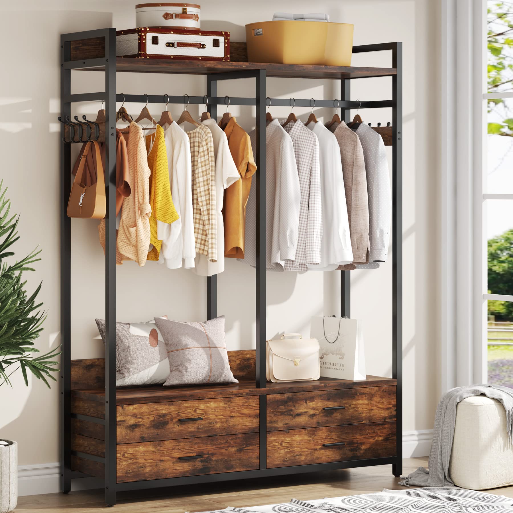 Tribesigns Freestanding Closet Organizer For Hanging Clothes, Heavy Duty Garment Rack With 4 Drawers, 8 Hooks And Storage Shelve
