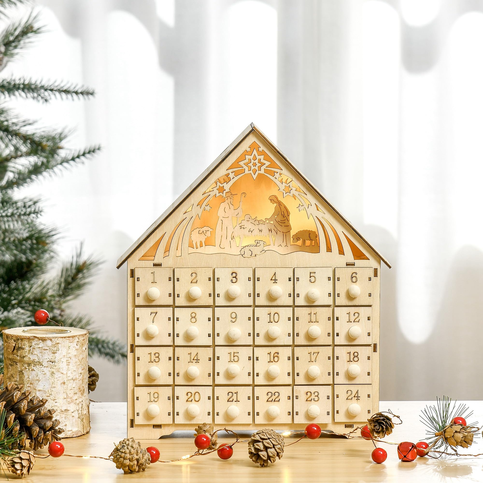 HOMCOM Christmas Advent Calendar, Light Up Manger Scene Tabletop Xmas Wooden House Holiday Decoration with Countdown Drawer, Bib