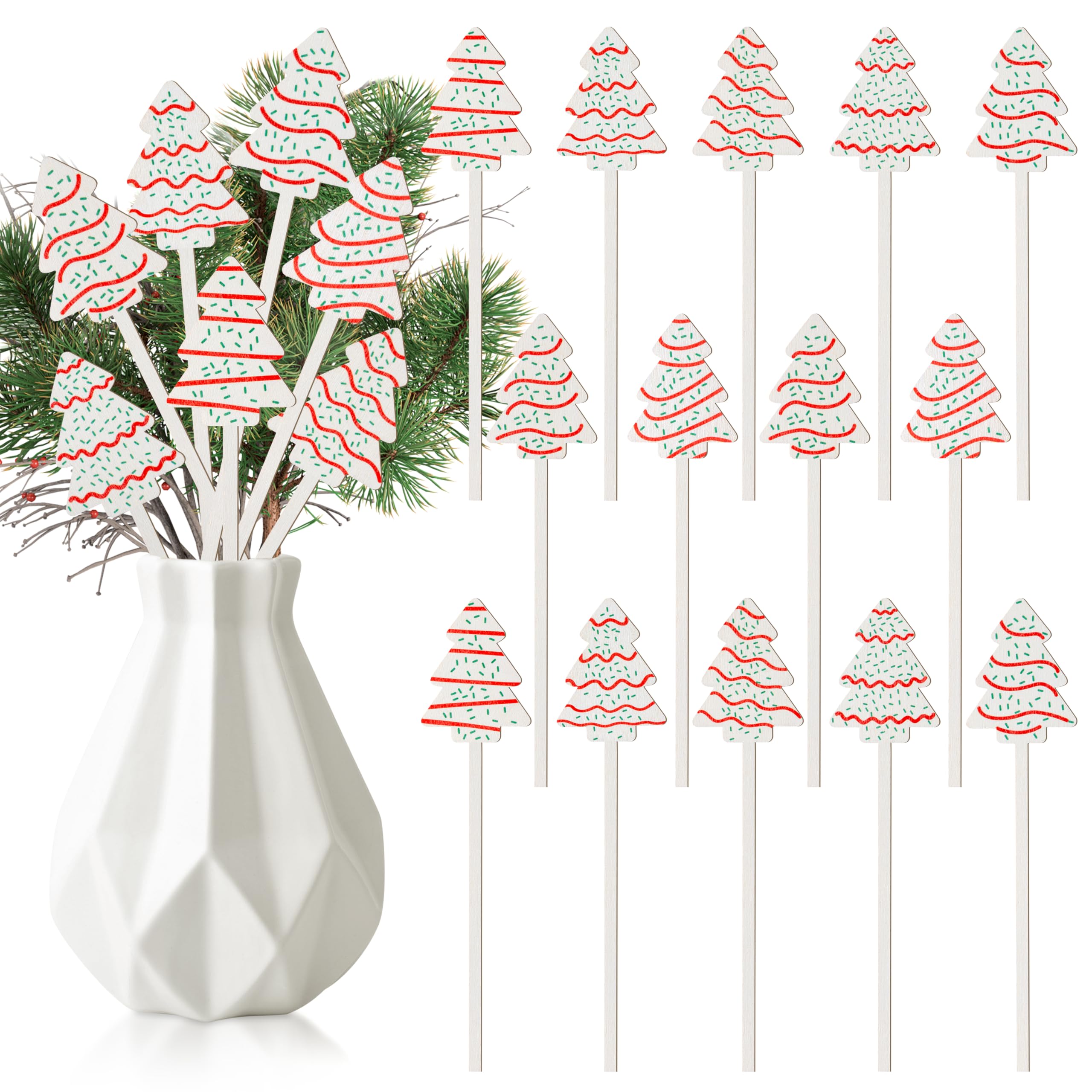 TICIAGA Christmas Double-sided Wooden Picks - 14PCS Christmas Tree Cake Wooden Decorative Picks for Home Vase Filler Xmas Tree W