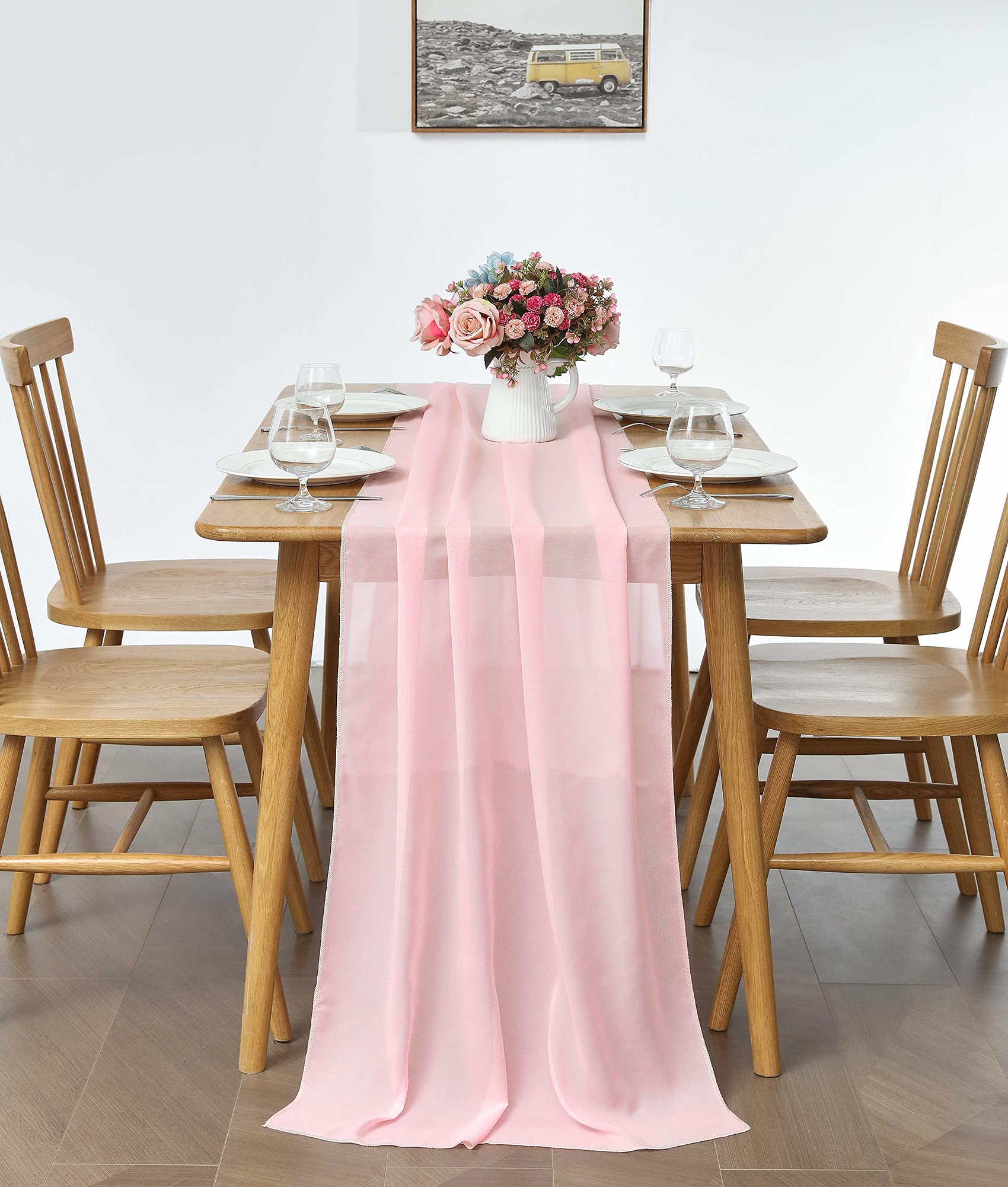 2 Pack 10Ft Blushing Pink Chiffon Table Runner Sheer 29X120 Inch For Romantic Wedding Decor Bridal & Baby Shower Birthday Rustic