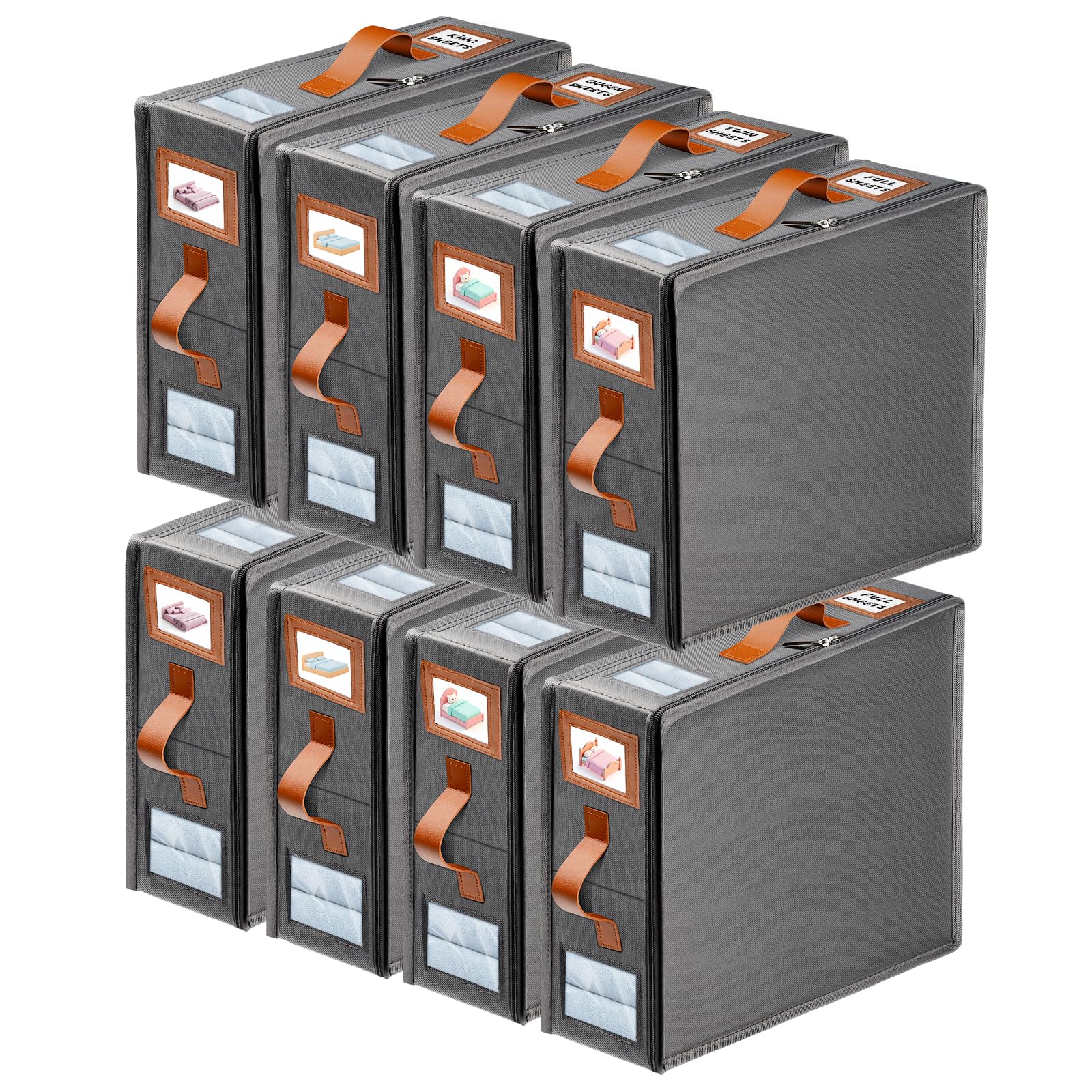 8 Pack Sheet Organizers and Storage (King & Queen Size), Foldable Linen Closet Bed Sheet Organizer with Window, Folding Bedding 